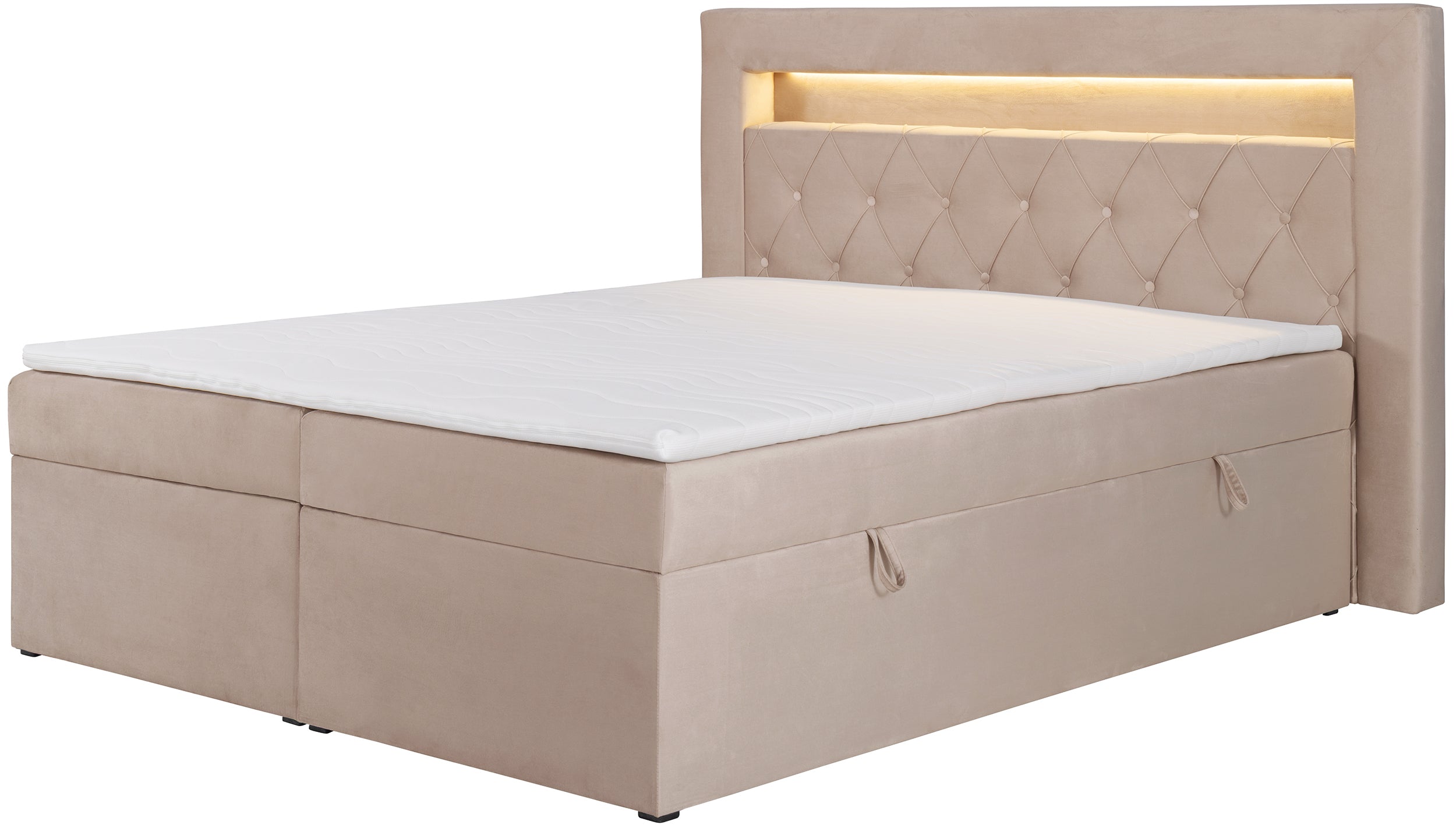 Kontinentales Bett 180x200 cm Goldess mit Stauraum und LED-Beleuchtung, beiger Samt
