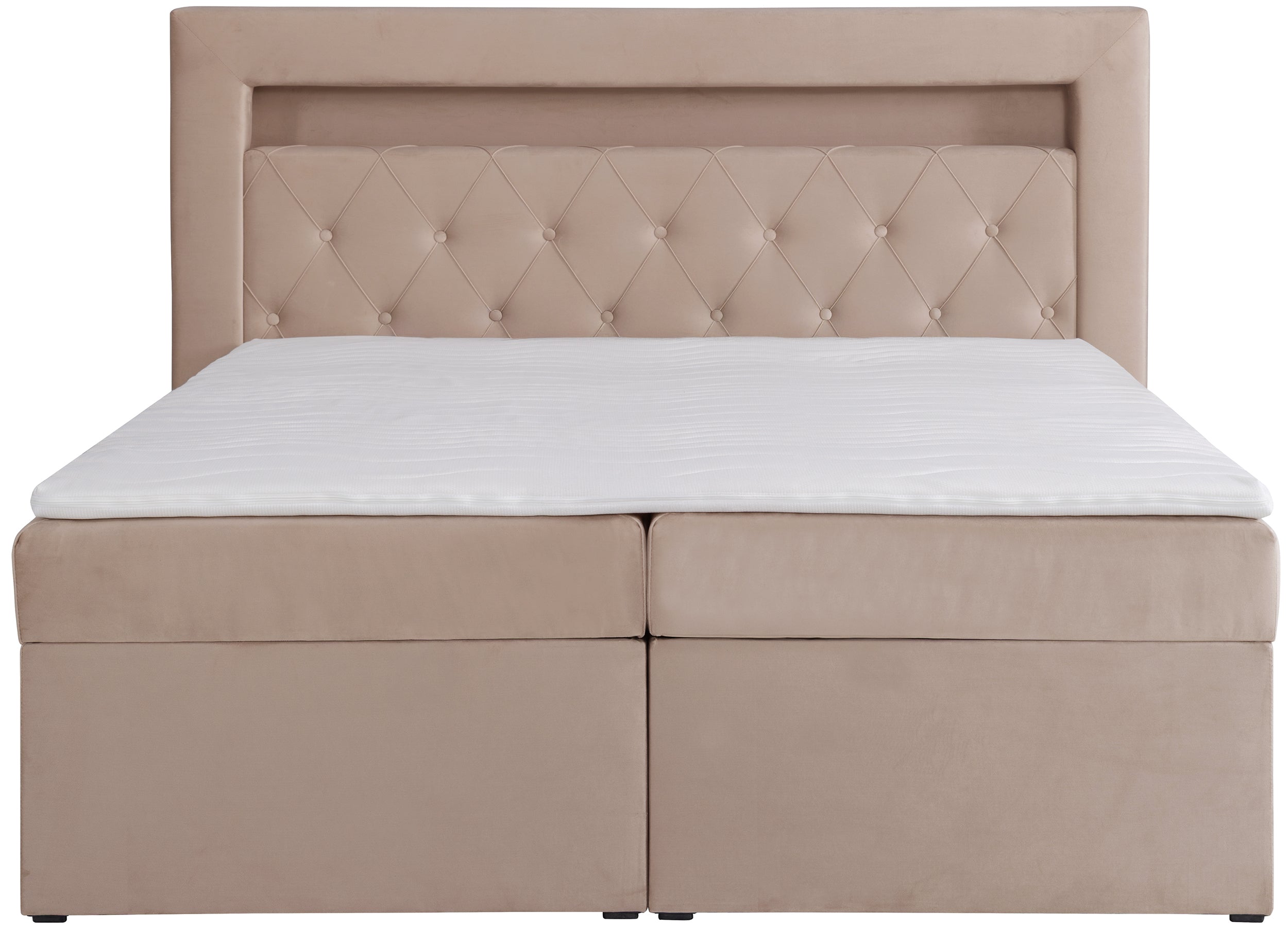 Kontinentales Bett 180x200 cm Goldess mit Stauraum und LED-Beleuchtung, beiger Samt