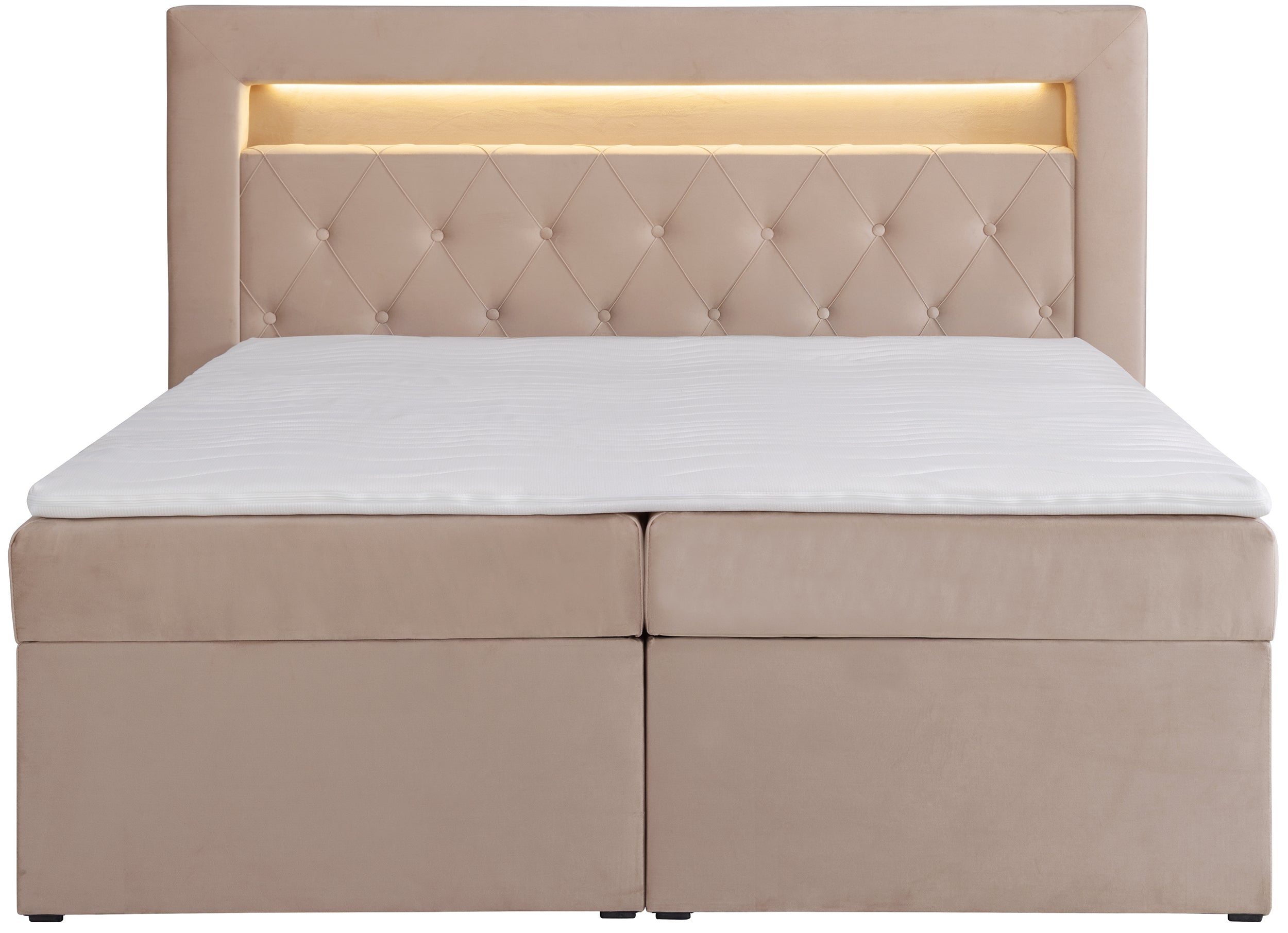 Kontinentales Bett 180x200 cm Goldess mit Stauraum und LED-Beleuchtung, beiger Samt