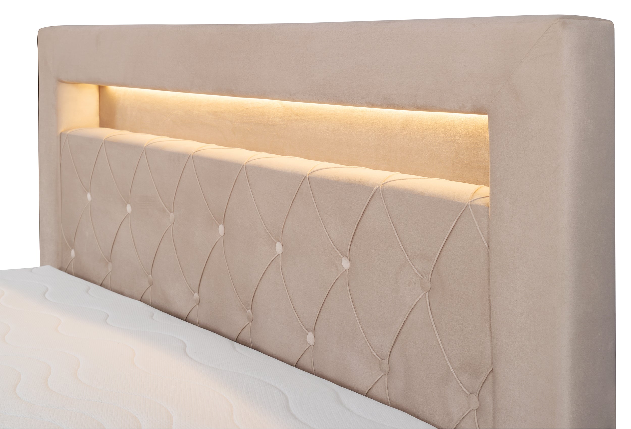 Kontinentales Bett 180x200 cm Goldess mit Stauraum und LED-Beleuchtung, beiger Samt
