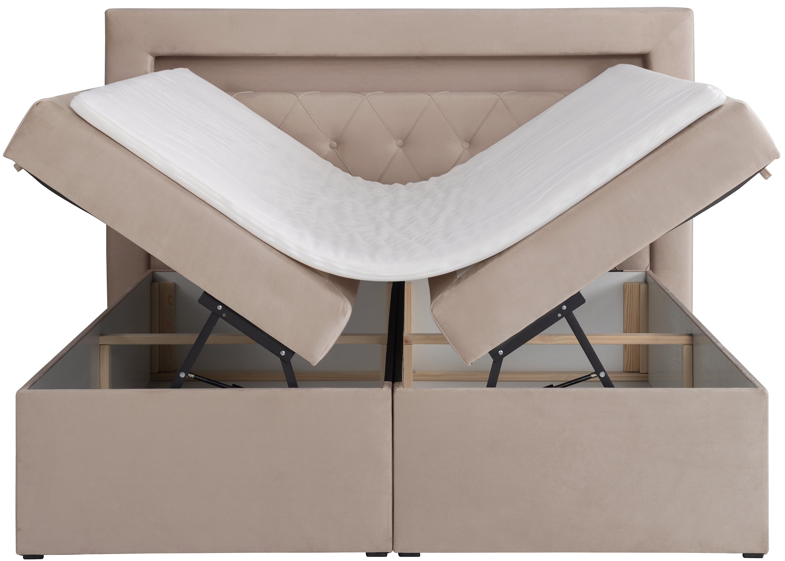 Kontinentales Bett 180x200 cm Goldess mit Stauraum und LED-Beleuchtung, beiger Samt