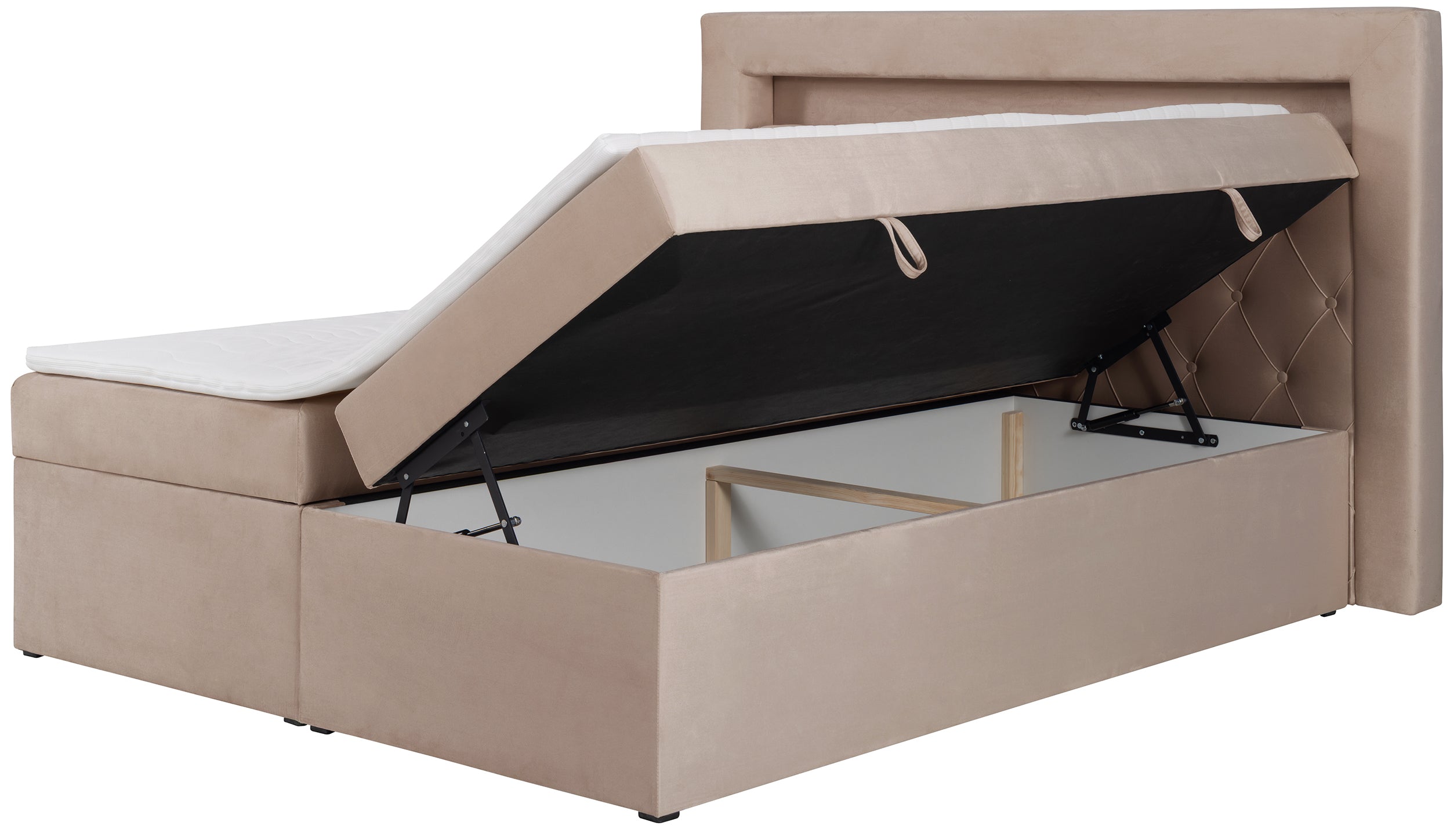 Kontinentales Bett 180x200 cm Goldess mit Stauraum und LED-Beleuchtung, beiger Samt