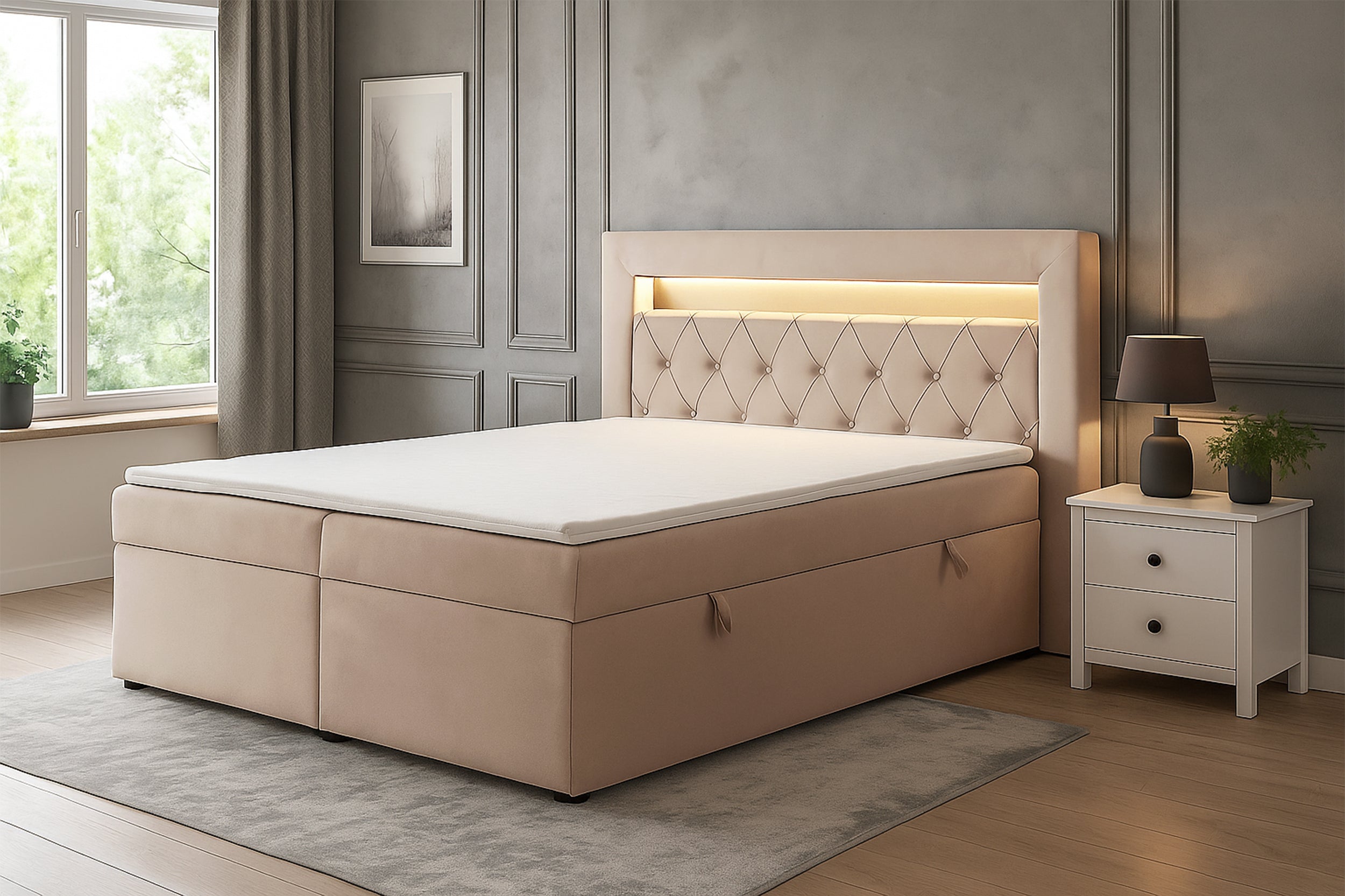Kontinentales Bett 180x200 cm Goldess mit Stauraum und LED-Beleuchtung, beiger Samt