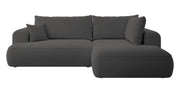 Ecksofa mit Schlaffunktion Ovo, L-förmig, mit Armlehne und Stauraum, dunkelgrauer Bouclé, rechtsseitig