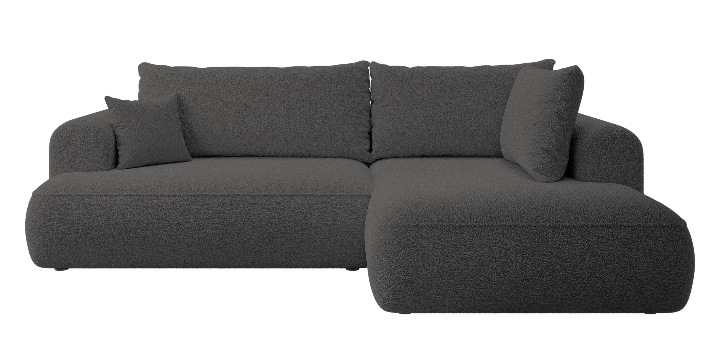 Ecksofa mit Schlaffunktion Ovo, L-förmig, mit Armlehne und Stauraum, dunkelgrauer Bouclé, rechtsseitig