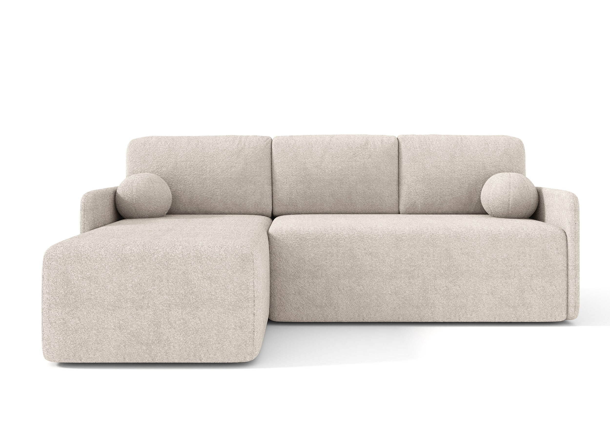 Ecksofa mit Schlaffunktion Bloom, L-förmig, mit Stauraum, beige Bouclé, universell einsetzbar