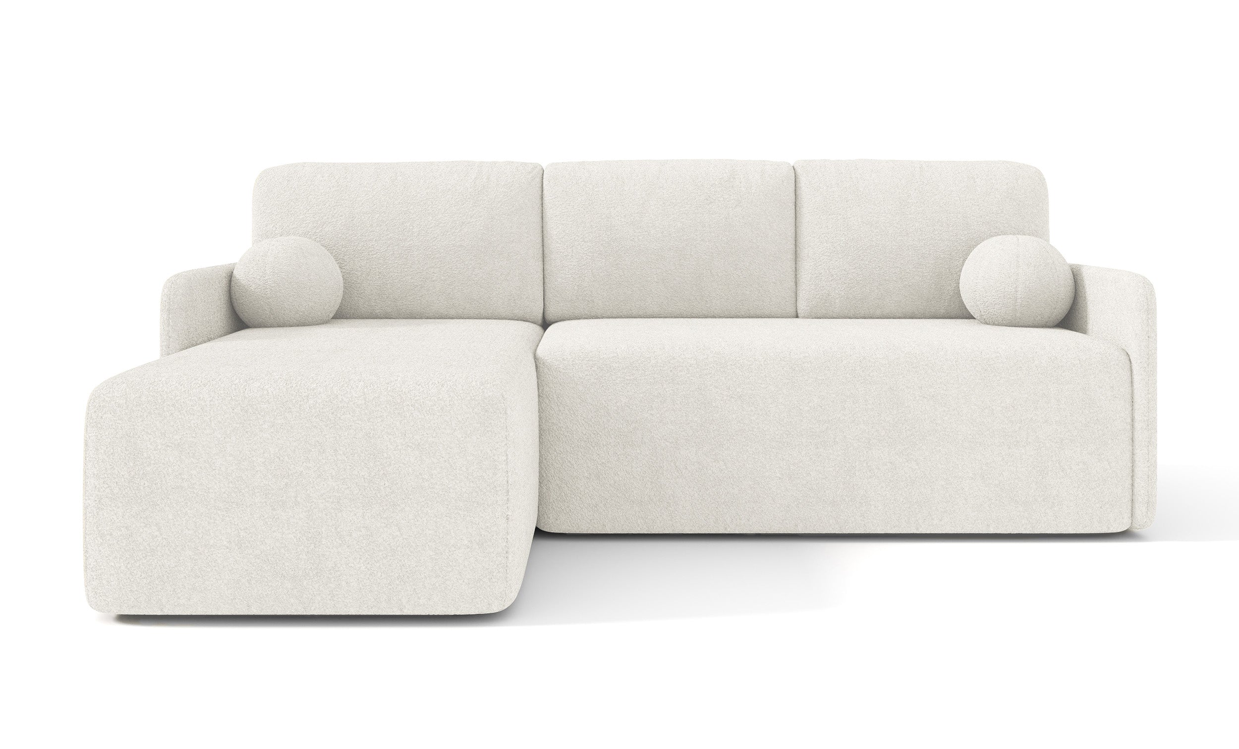 Ecksofa mit Schlaffunktion Bloom, L-förmig, mit Stauraum, cremefarbener Bouclé-Stoff, universell einsetzbar