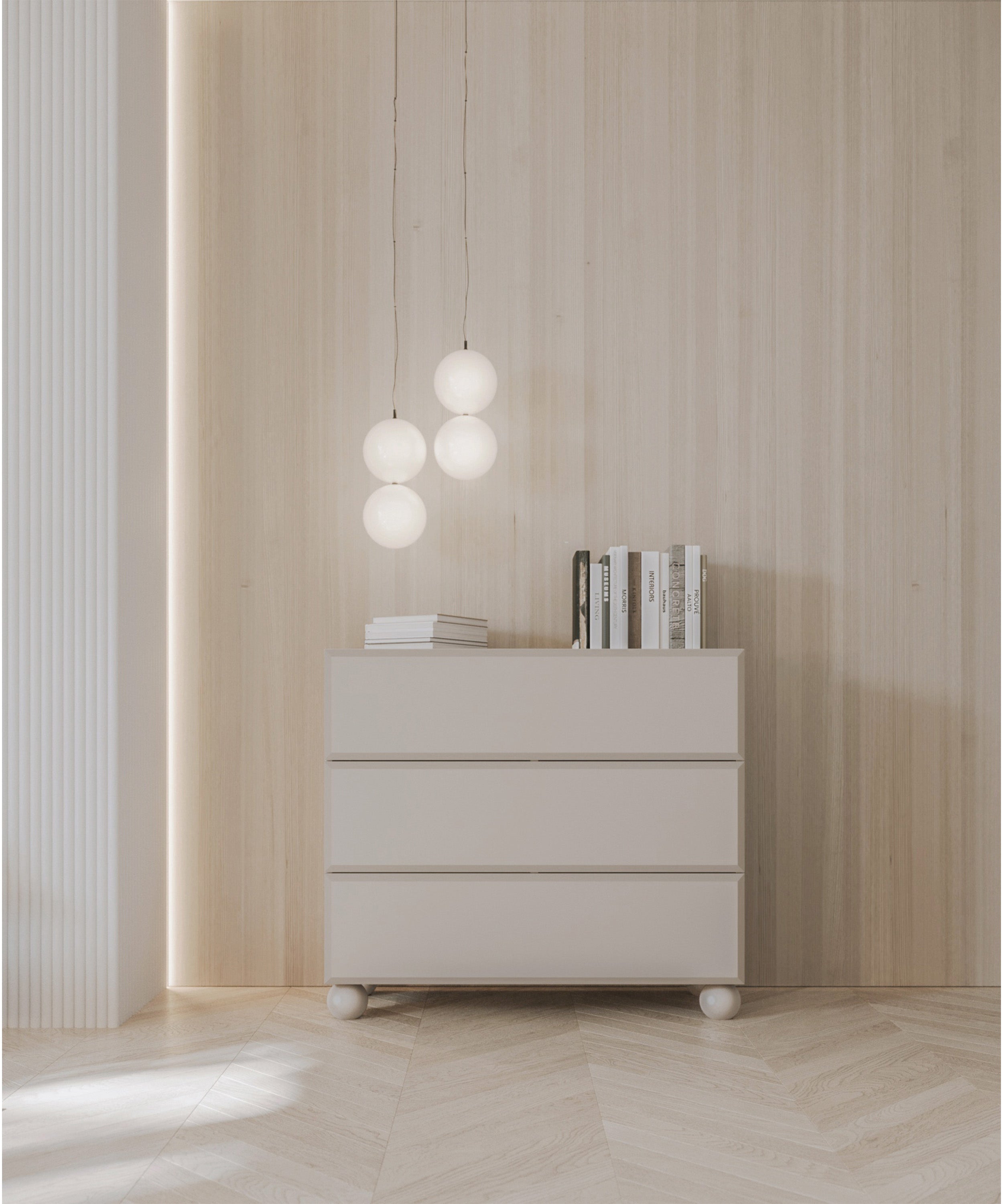 Kommode Chocolated mit drei Schubladen, 100 cm, auf Kugelbeinen, sandbeige