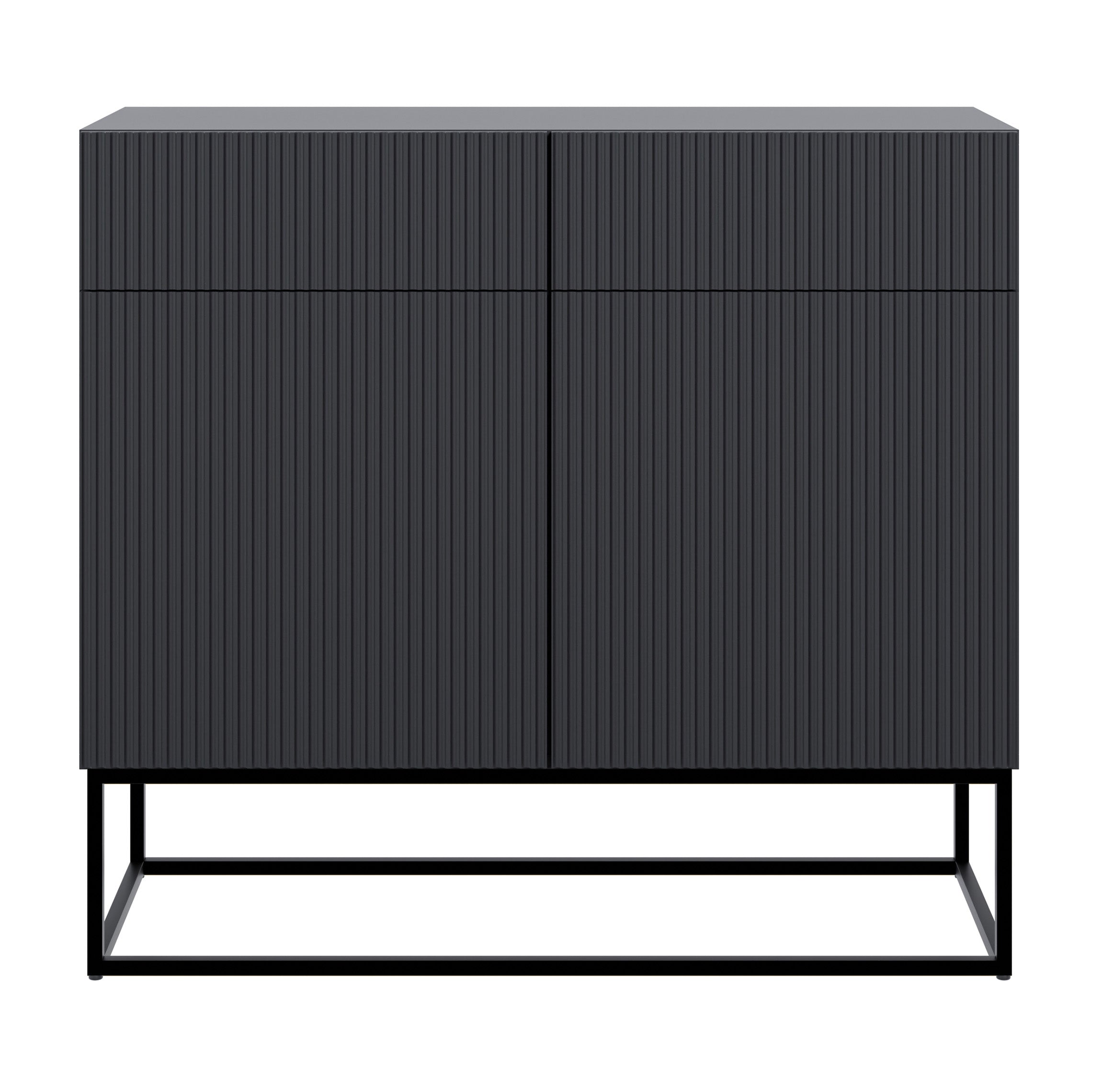 Zweittürige Kommode Veldio mit gefräster Front und zwei Schubladen, 100 cm, Schwarz mit schwarzen Beinen