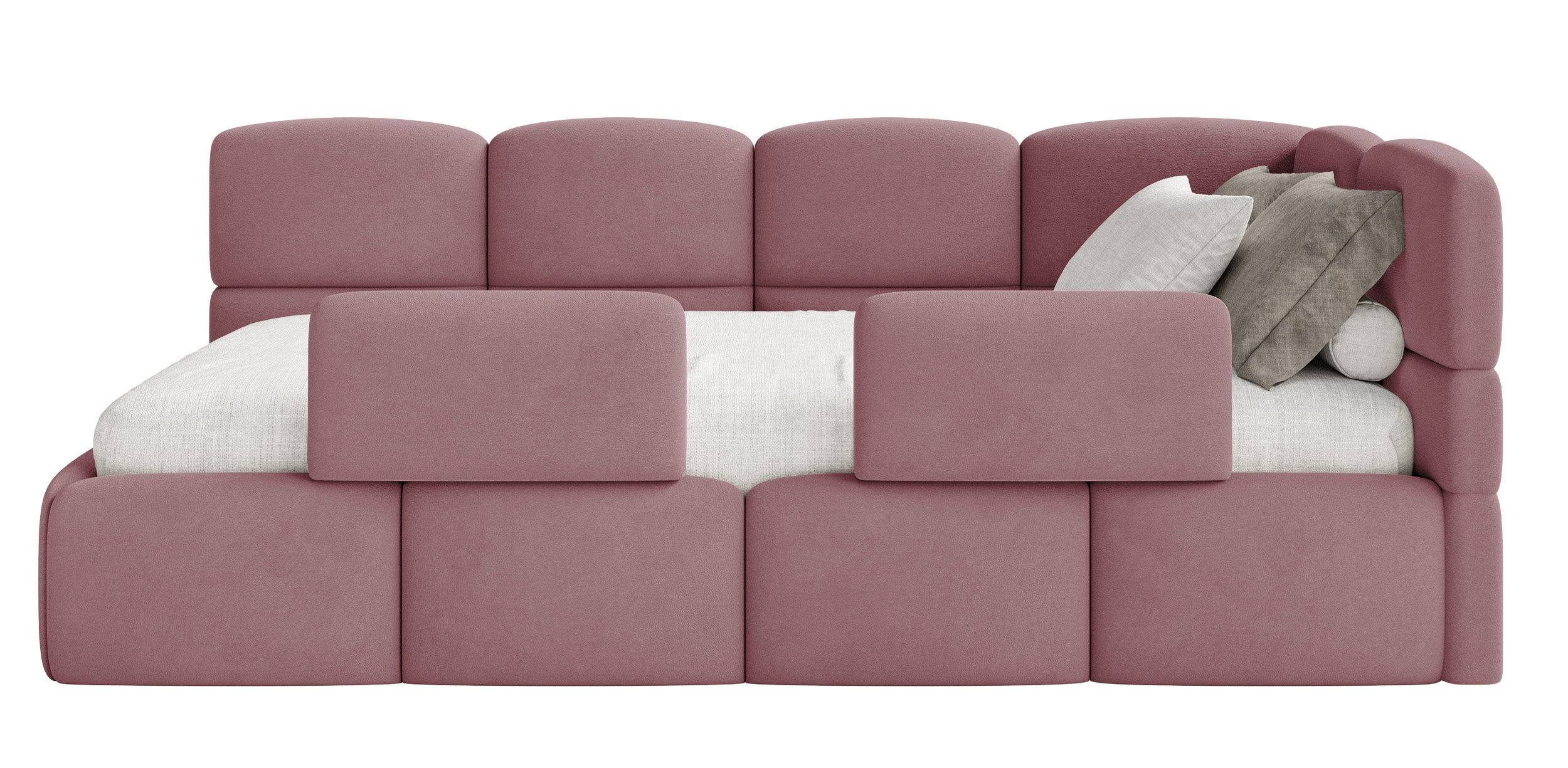 Jugendbett 120x200 cm Cloudy, rechtsseitig, mit Stauraum und Geländern, rosa Velours, wasserabweisend und leicht zu reinigen