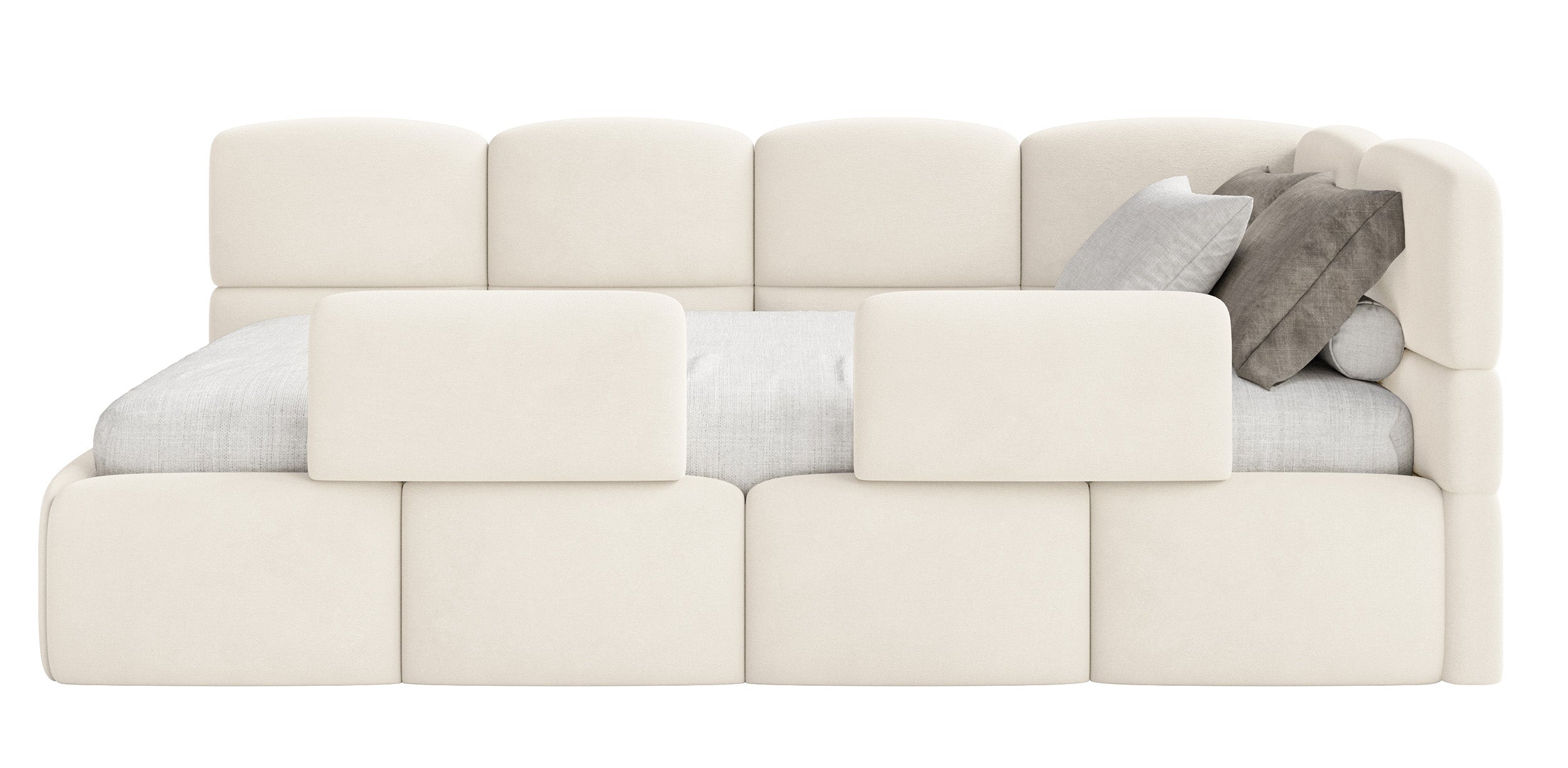 Jugendbett 90x200 cm Cloudy rechtsseitig mit Matratze, Stauraum und Geländern, cremefarbener Velours, wasserabweisend und leicht zu reinigen