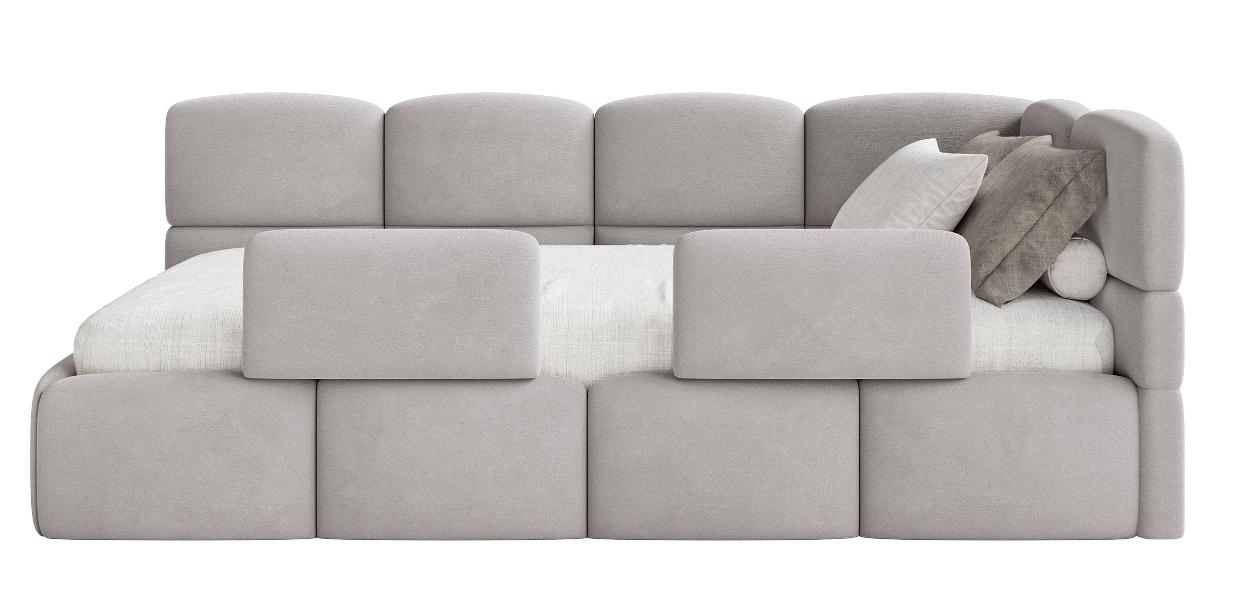 Jugendbett 90x200 cm Cloudy rechtsseitig mit Stauraum und hellgrauen, wasserabweisenden, leicht zu reinigenden Samt-Gittern