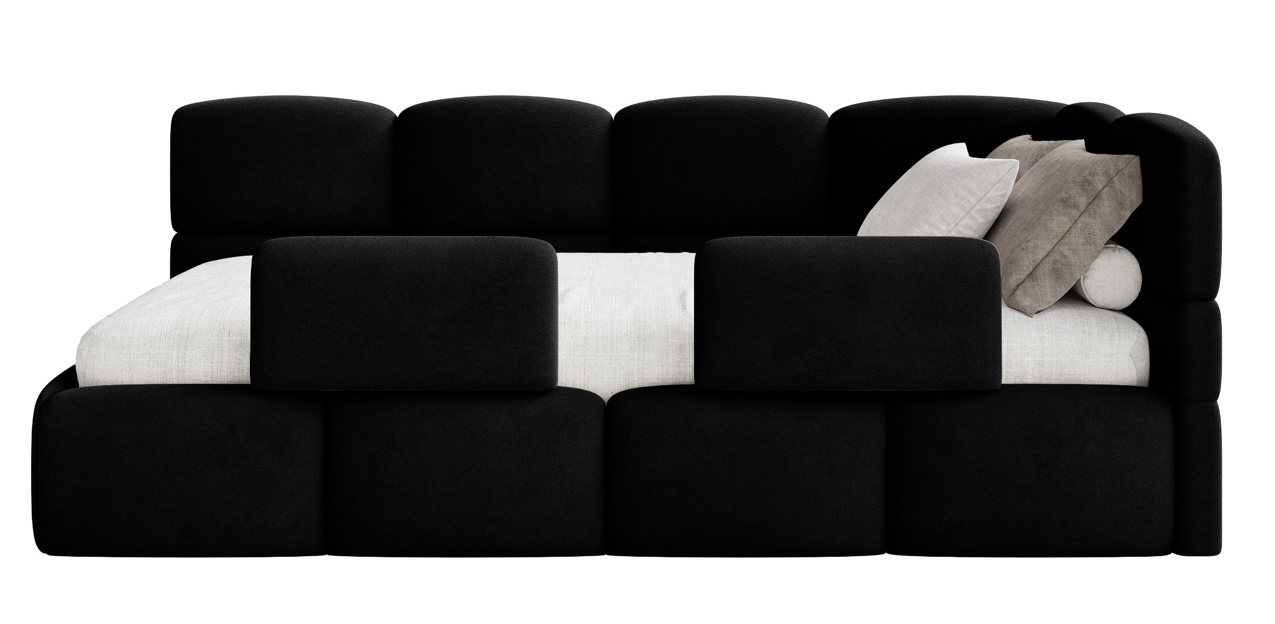 Jugendbett 90x200 cm Cloudy rechtsseitig mit Stauraum und Geländern, schwarzer Velours, wasserabweisend und leicht zu reinigen