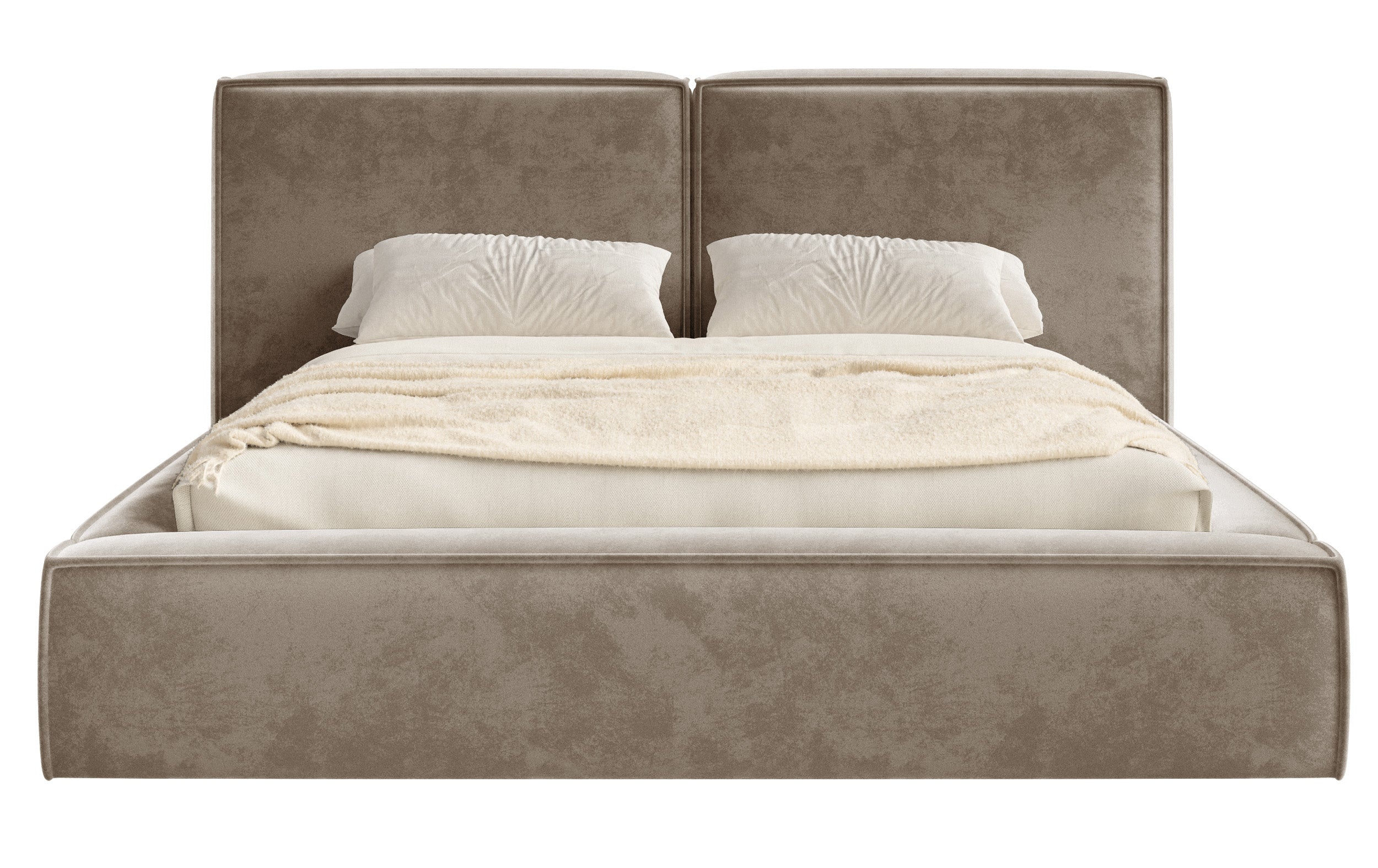 Gepolstertes Bett 180x200 cm Tilves mit Stauraum, Metallrahmen, hellbrauner Samt