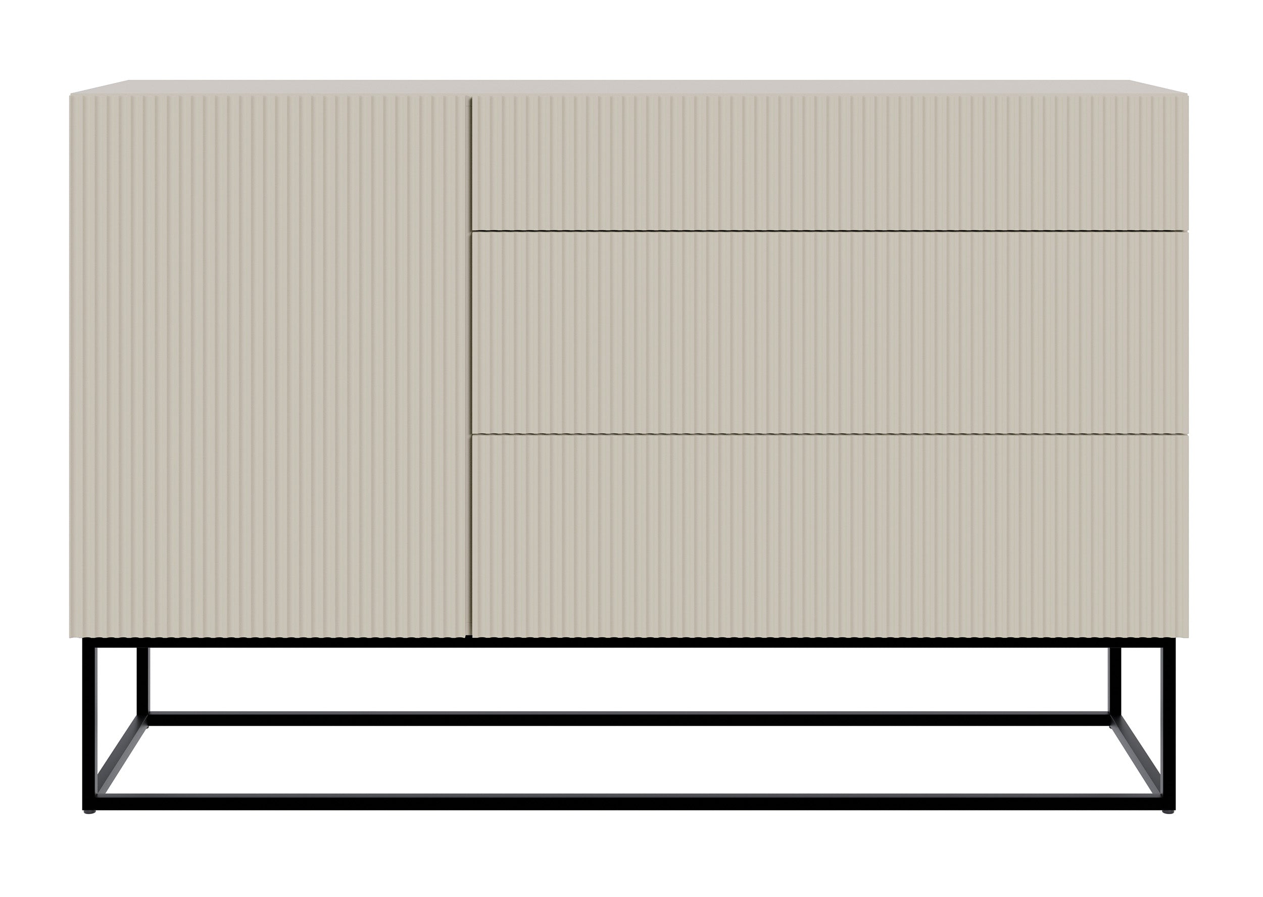Einzeltür-Kommode Veldio mit gefräster Front und drei Schubladen, 140 cm, grau-beige mit schwarzen Beinen