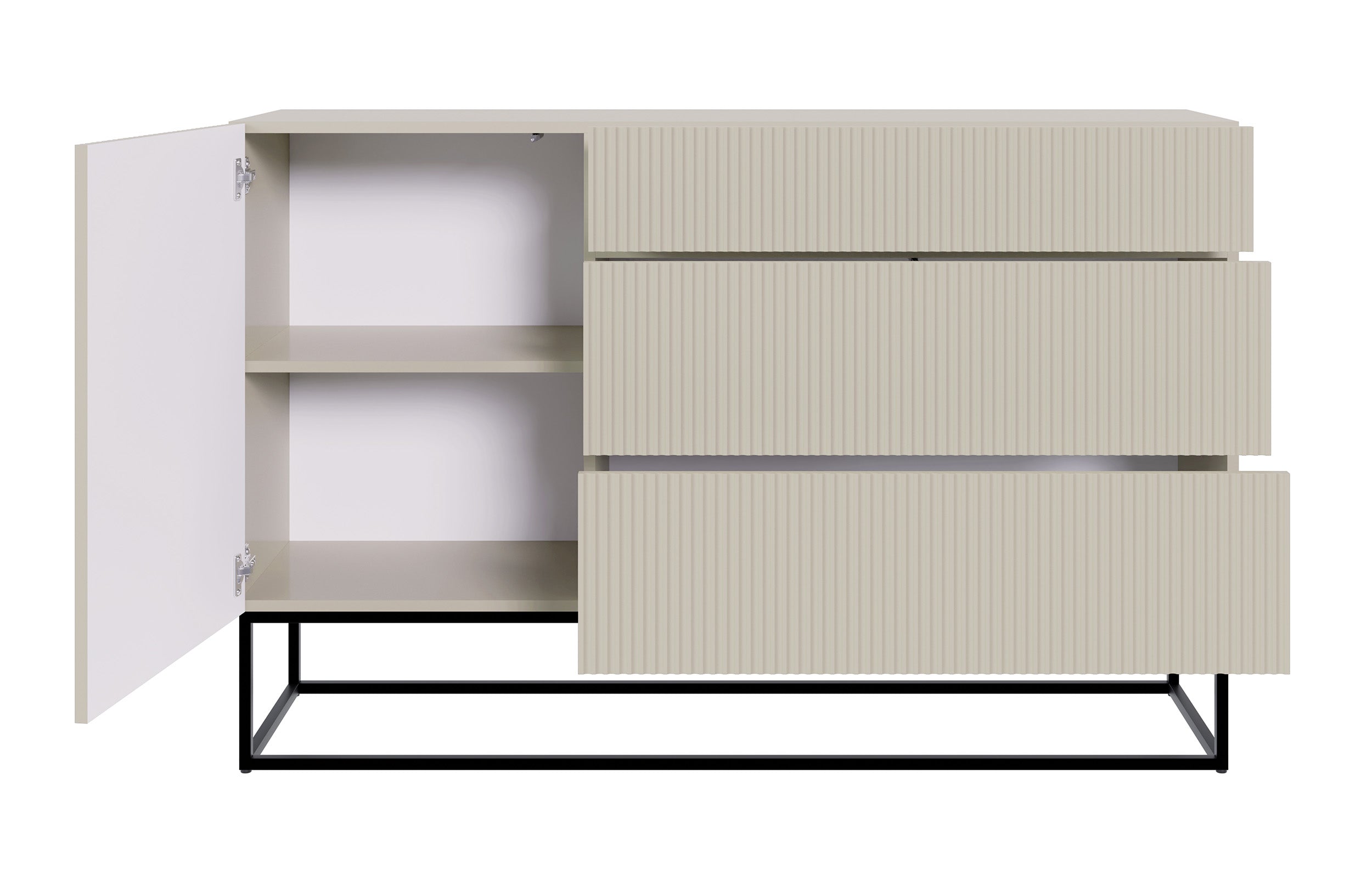 Einzeltür-Kommode Veldio mit gefräster Front und drei Schubladen, 140 cm, grau-beige mit schwarzen Beinen
