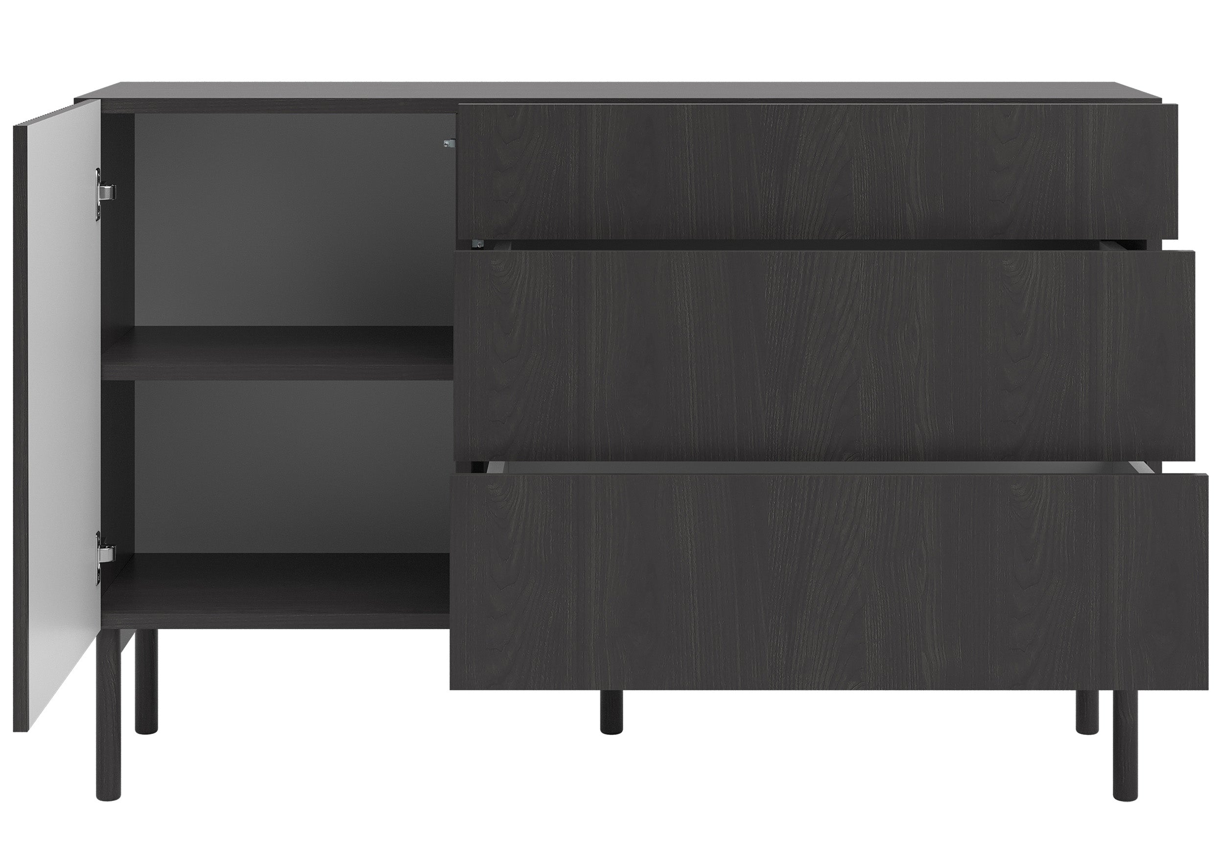 Einzeltür-Kommode Nolie mit drei Schubladen, 140 cm, Portland Esche Schwarz