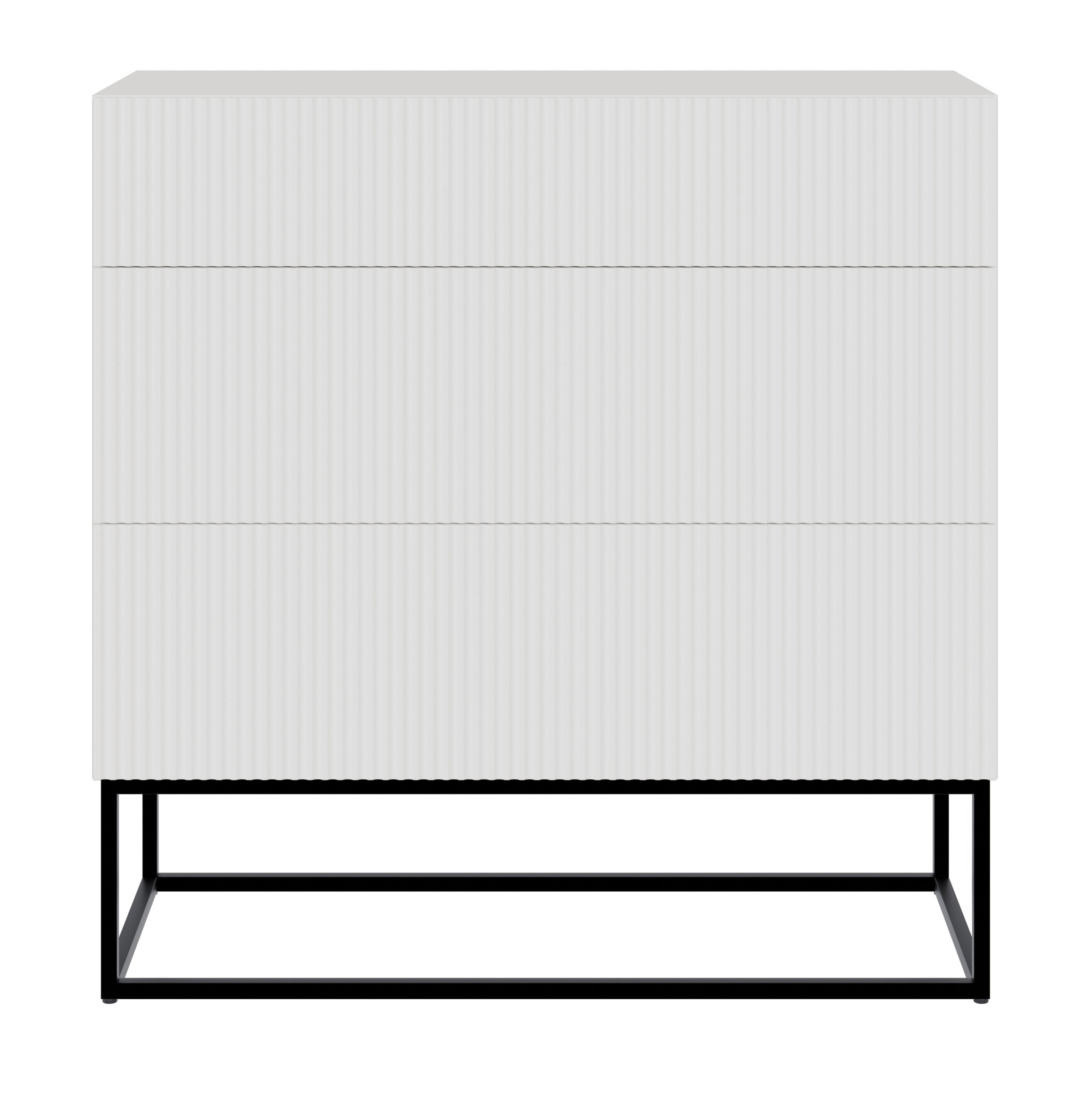 Kommode Veldio mit gefräster Front und drei Schubladen, 90 cm, Weiß mit schwarzen Beinen