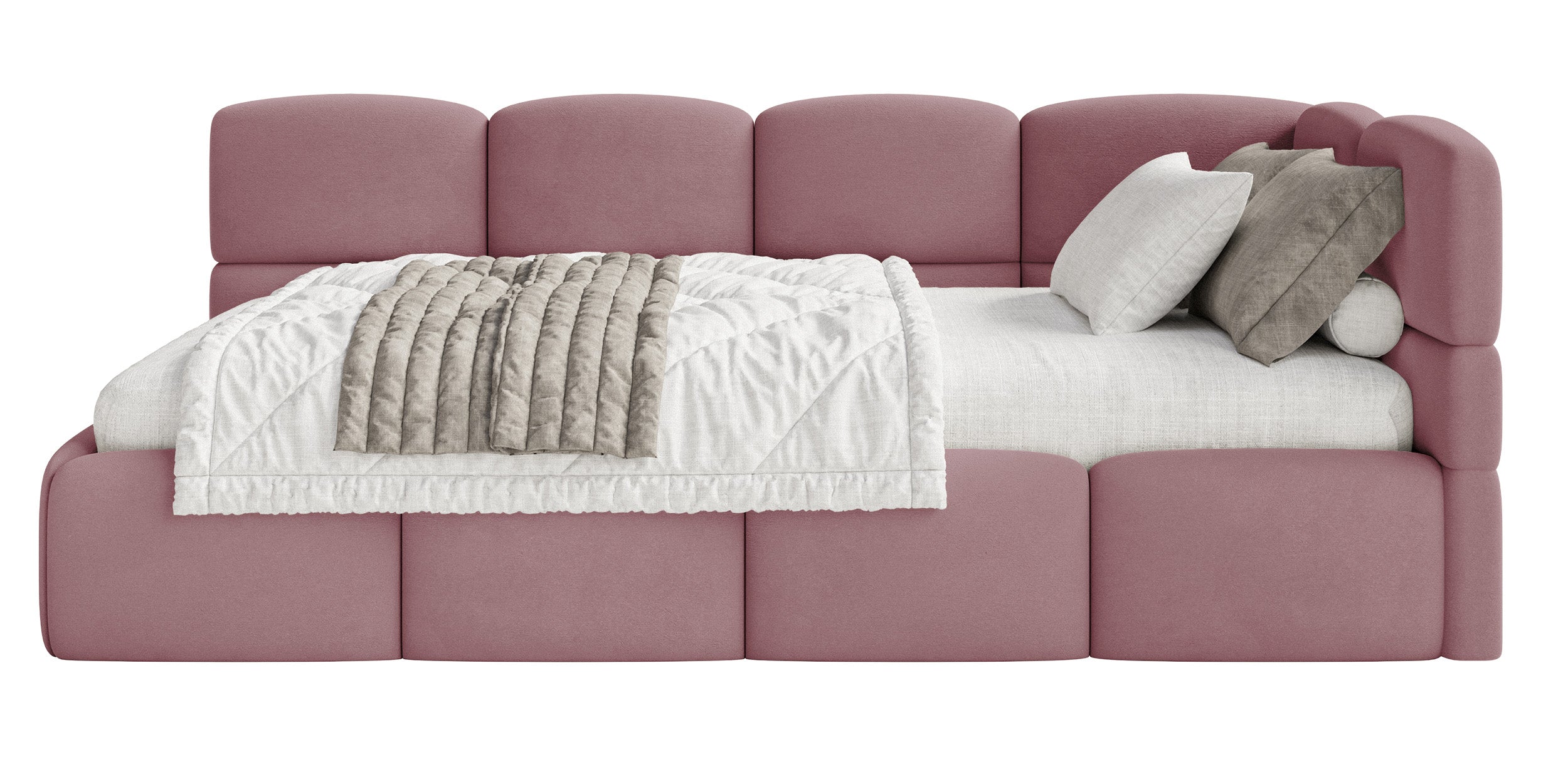 Jugendbett 120x200 cm Cloudy, rechtsseitig, mit Stauraum und Geländern, rosa Velours, wasserabweisend und leicht zu reinigen