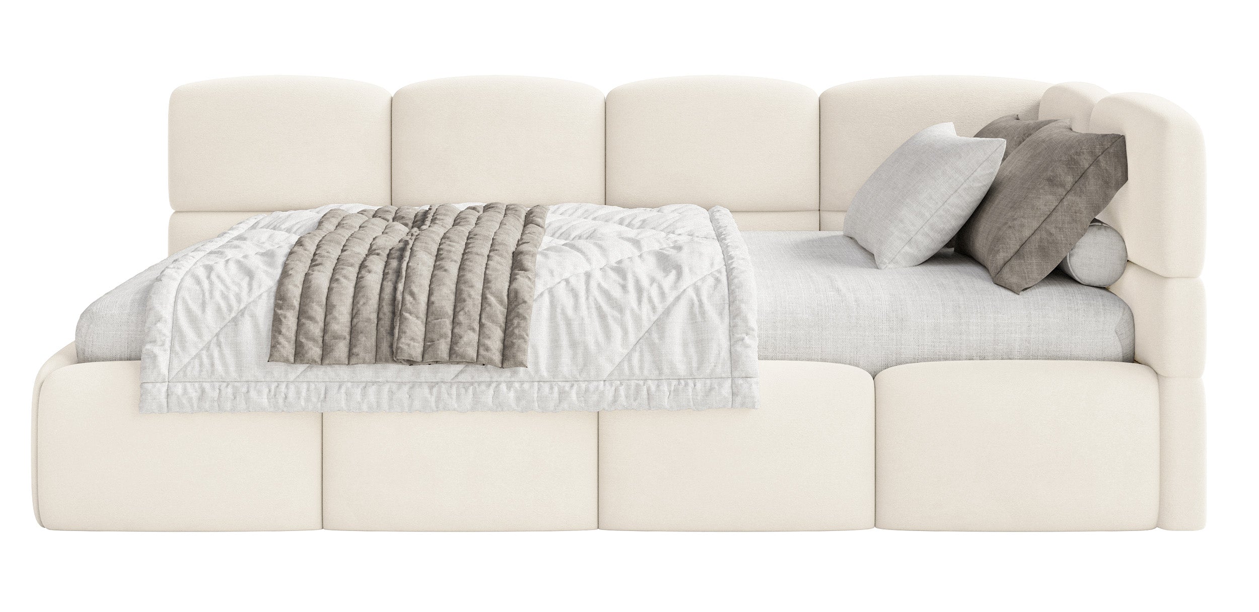 Jugendbett 90x200 cm Cloudy rechtsseitig mit Matratze, Stauraum und Geländern, cremefarbener Velours, wasserabweisend und leicht zu reinigen