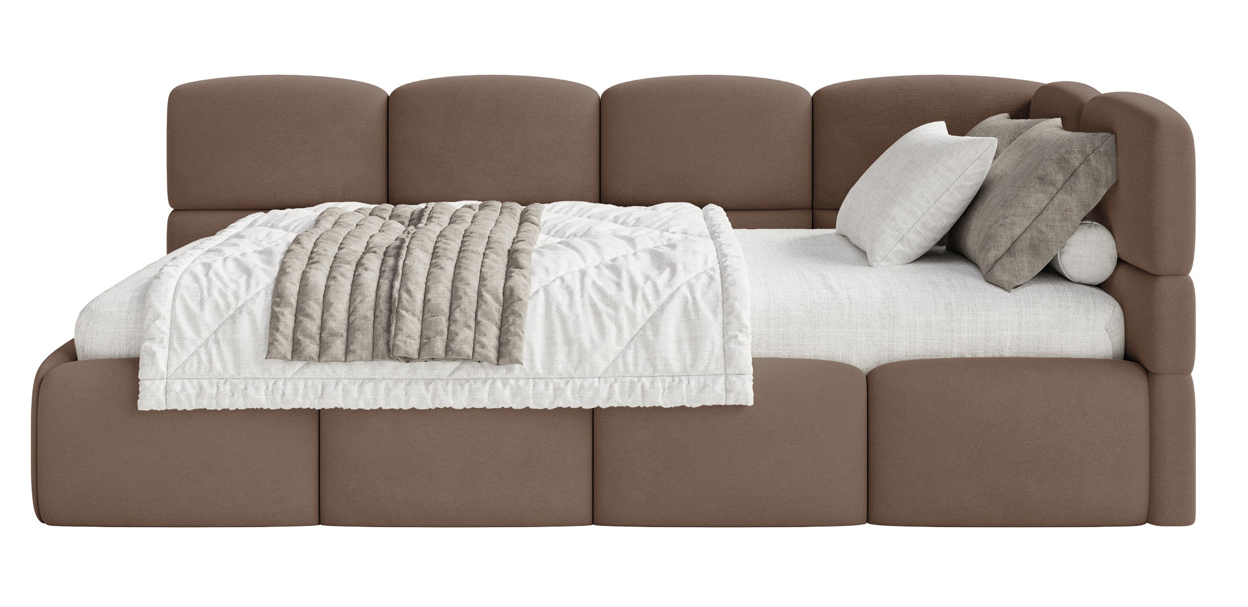 Jugendbett 90x200 cm Cloudy, rechtsseitig mit Stauraum, brauner Velours, wasserabweisend und leicht zu reinigen