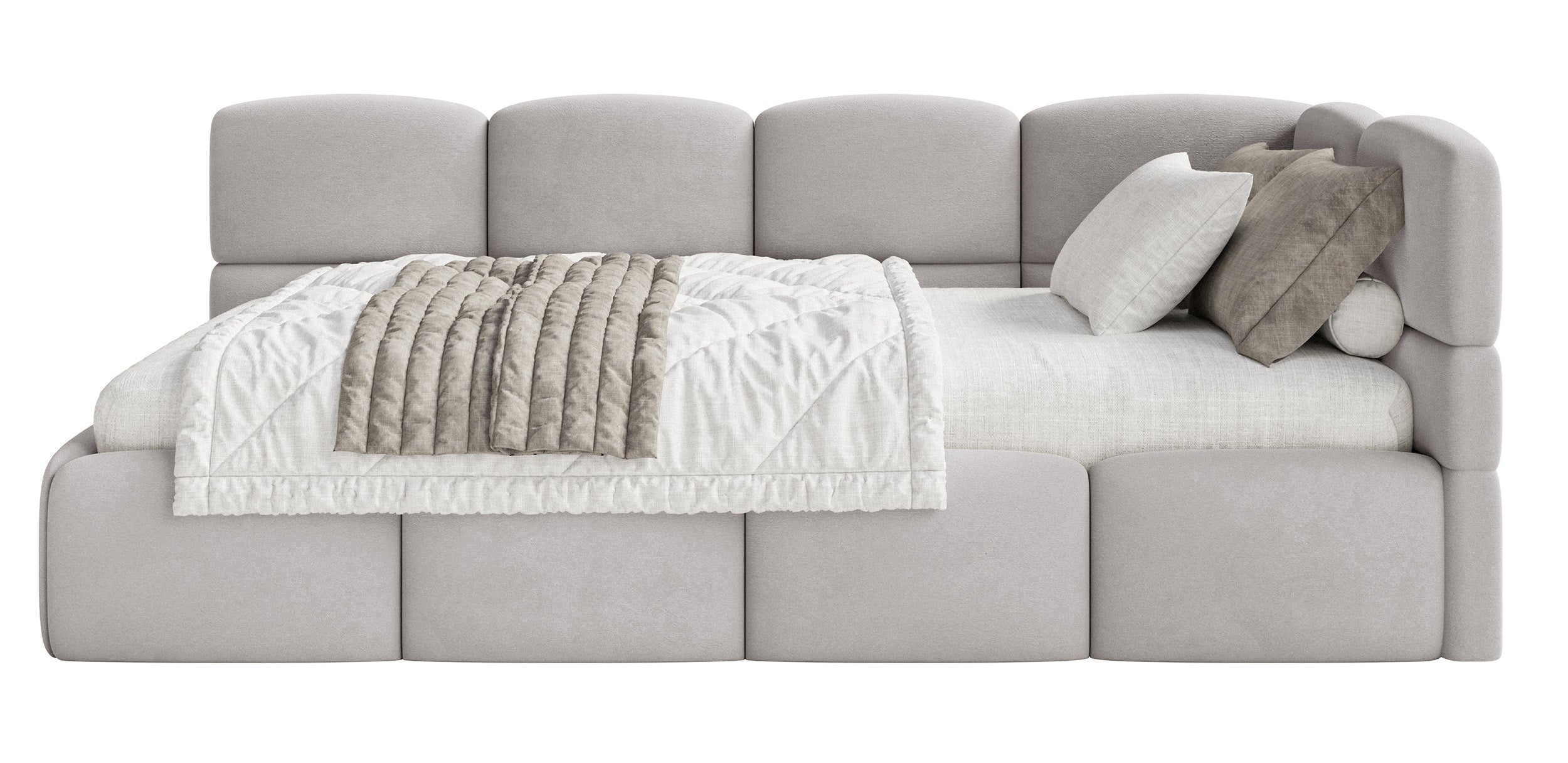 Jugendbett 90x200 cm Cloudy rechtsseitig mit Stauraum und hellgrauen, wasserabweisenden, leicht zu reinigenden Samt-Gittern