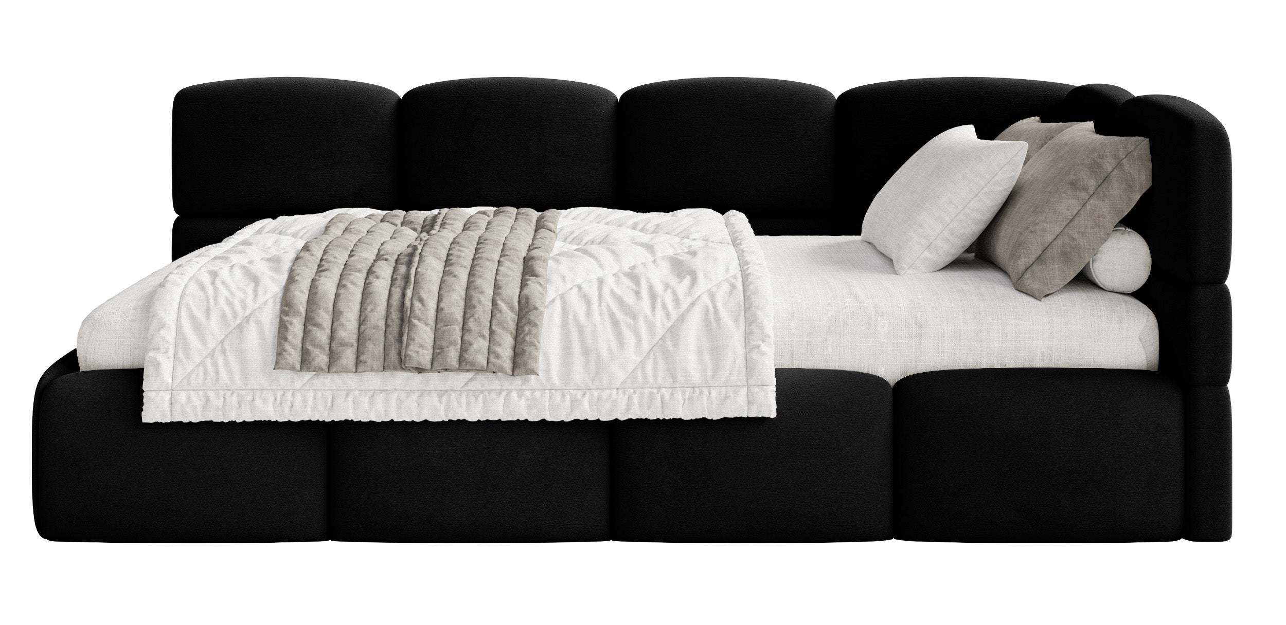 Jugendbett 90x200 cm Cloudy rechtsseitig mit Stauraum und Geländern, schwarzer Velours, wasserabweisend und leicht zu reinigen