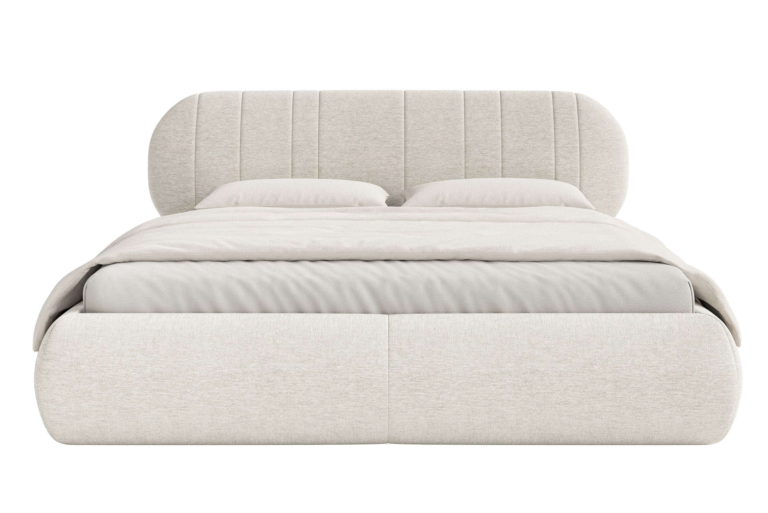 Gepolstertes Bett 160x200 cm Asmelio mit Stauraum, Metallrahmen, cremefarbenes Geflecht