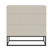 Kommode Veldio mit gefräster Front und drei Schubladen, 90 cm, grau-beige mit schwarzen Beinen