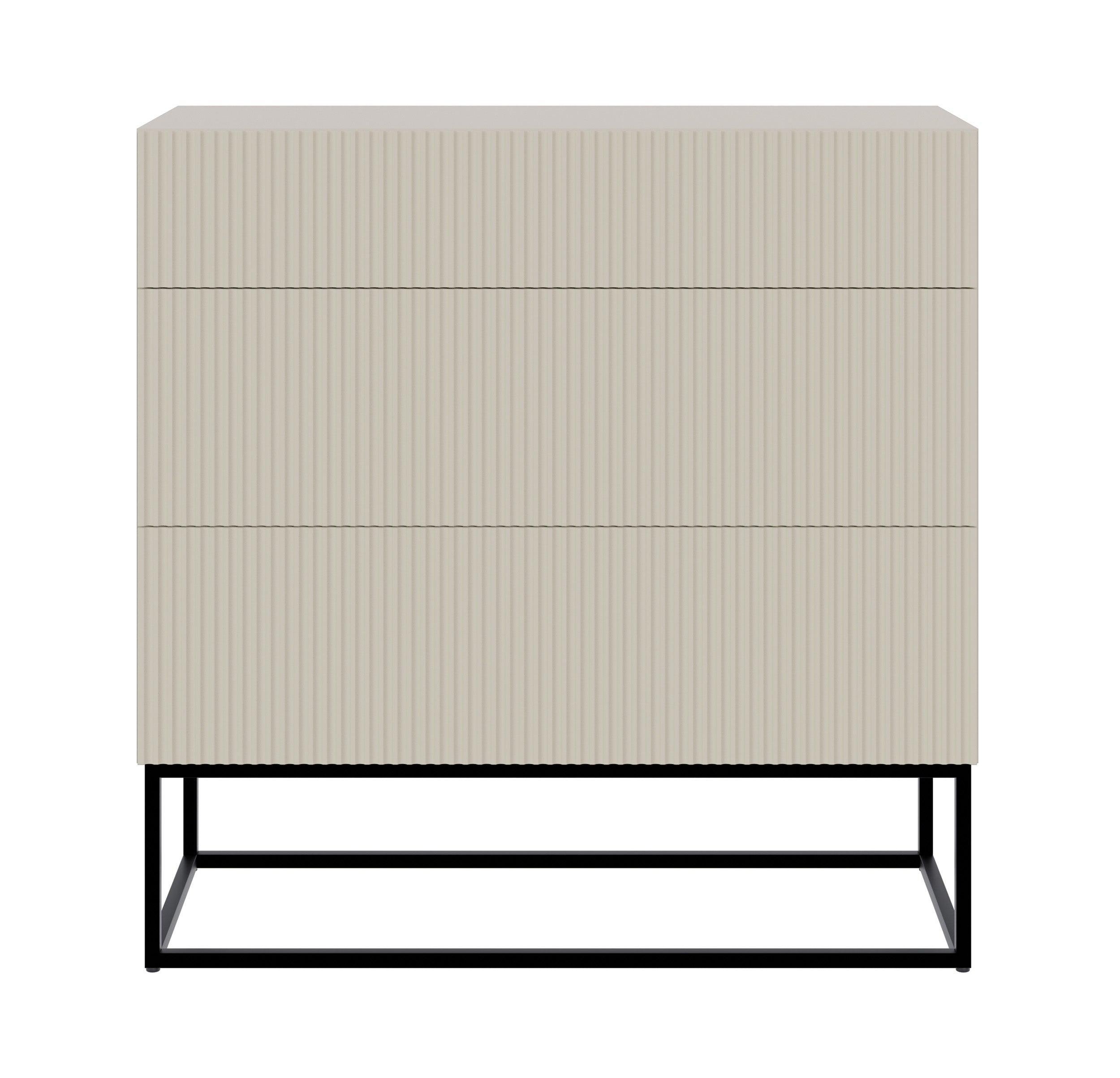 Kommode Veldio mit gefräster Front und drei Schubladen, 90 cm, grau-beige mit schwarzen Beinen