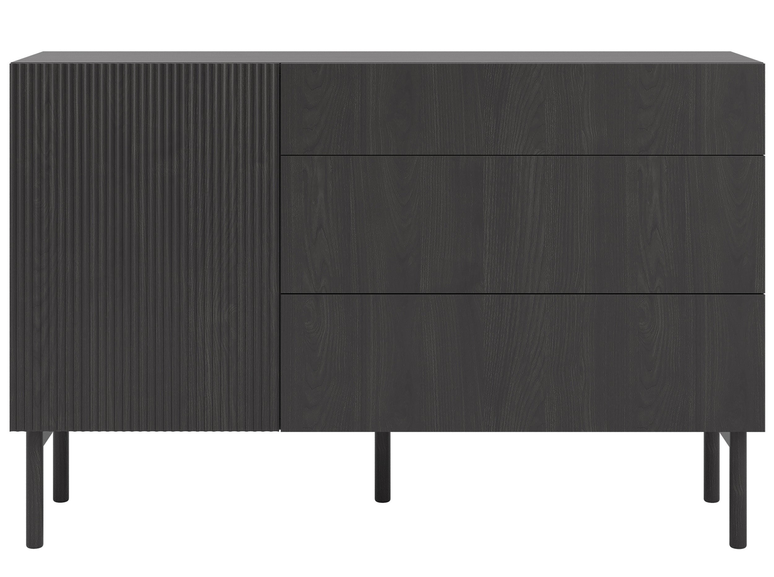 Einzeltür-Kommode Nolie mit drei Schubladen, 140 cm, Portland Esche Schwarz