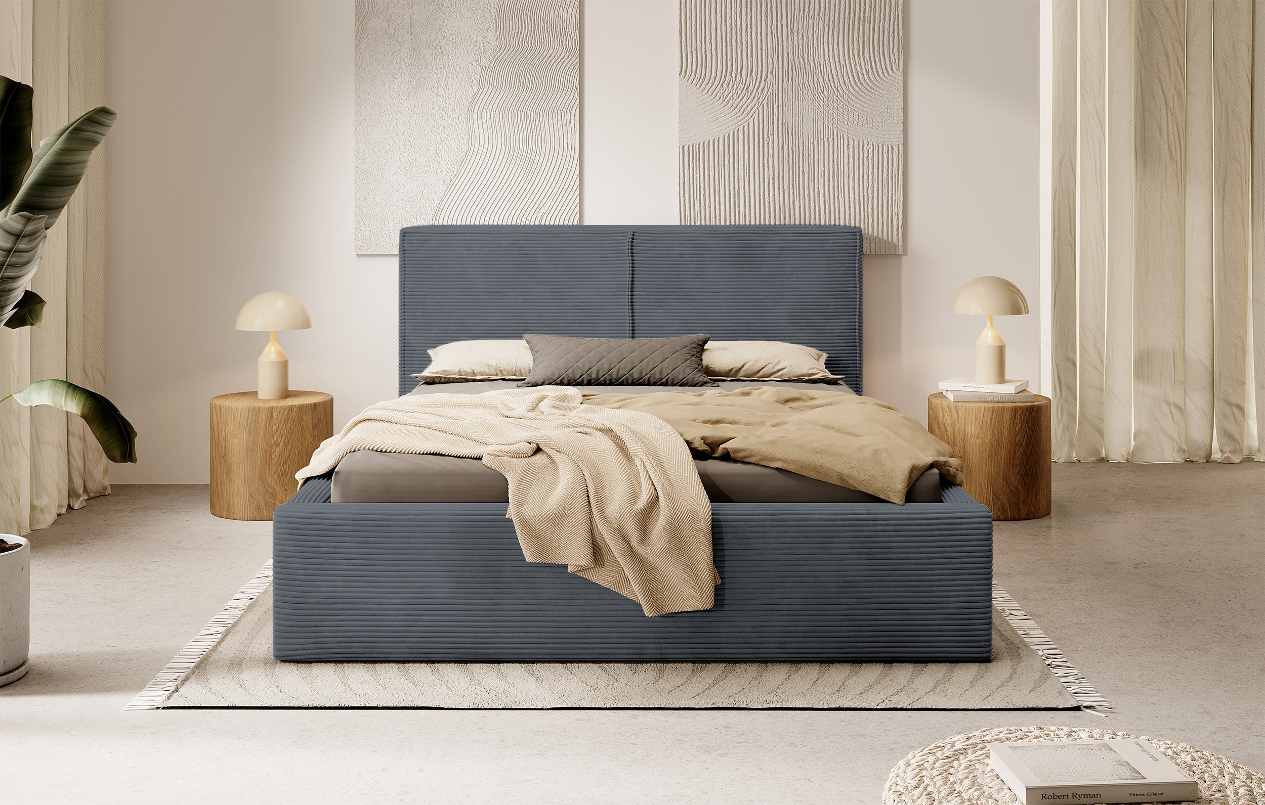 Gepolstertes Bett 180x200 cm Farese mit Stauraum und Gasdruckfeder, grau Cord