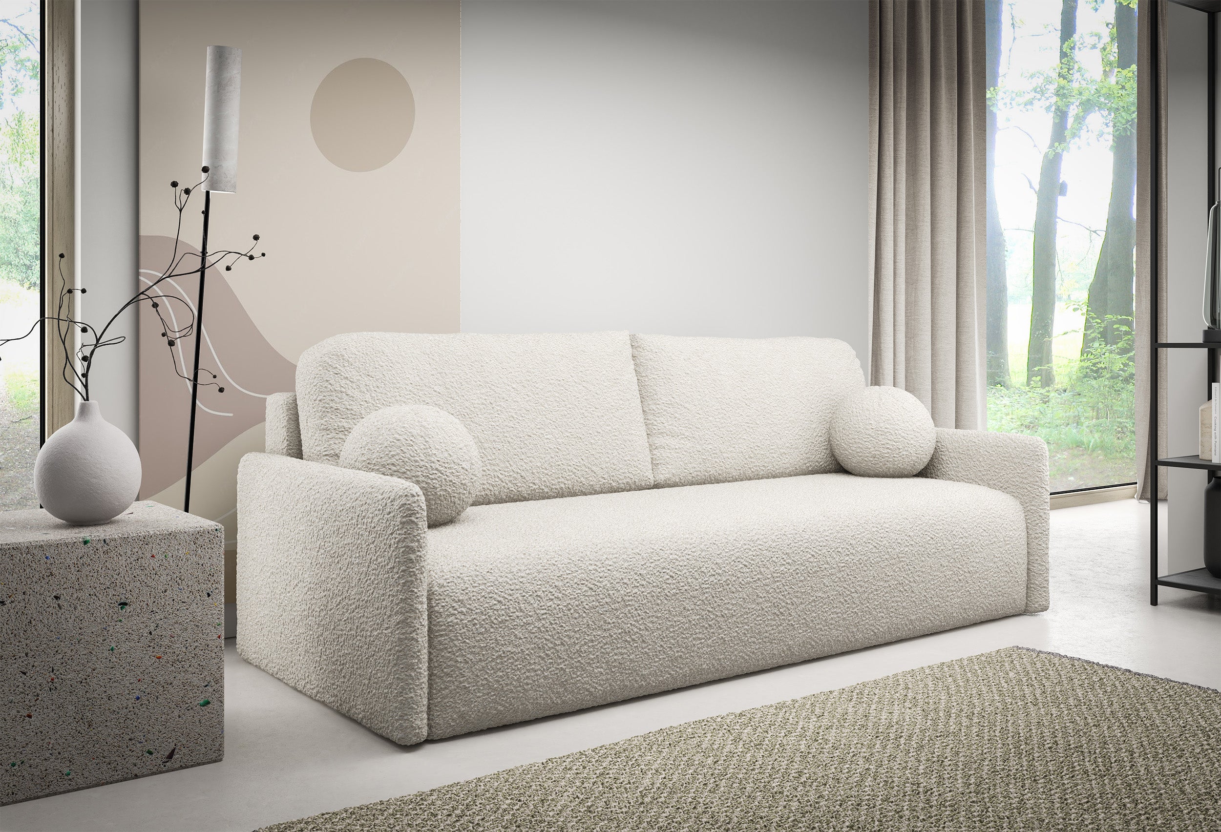 Ausziehbares Sofa Glove mit Bettkasten, cremefarbenes Bouclé