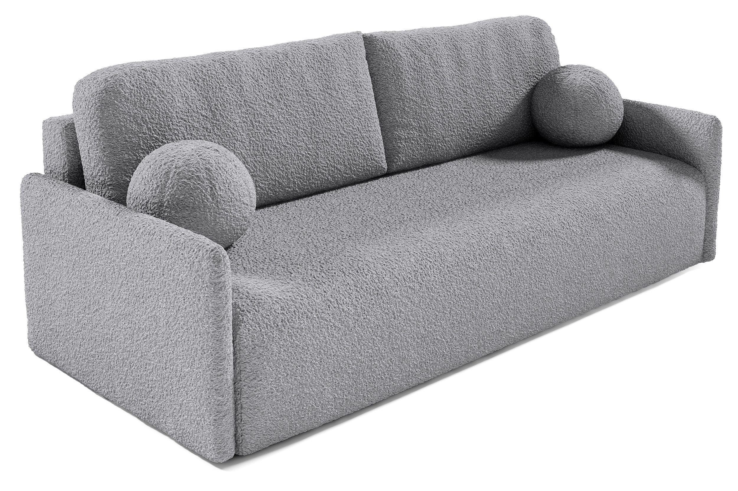 Ausklappbare Glove-Sofa mit Stauraum für Bettwäsche, grauer Bouclé-Stoff