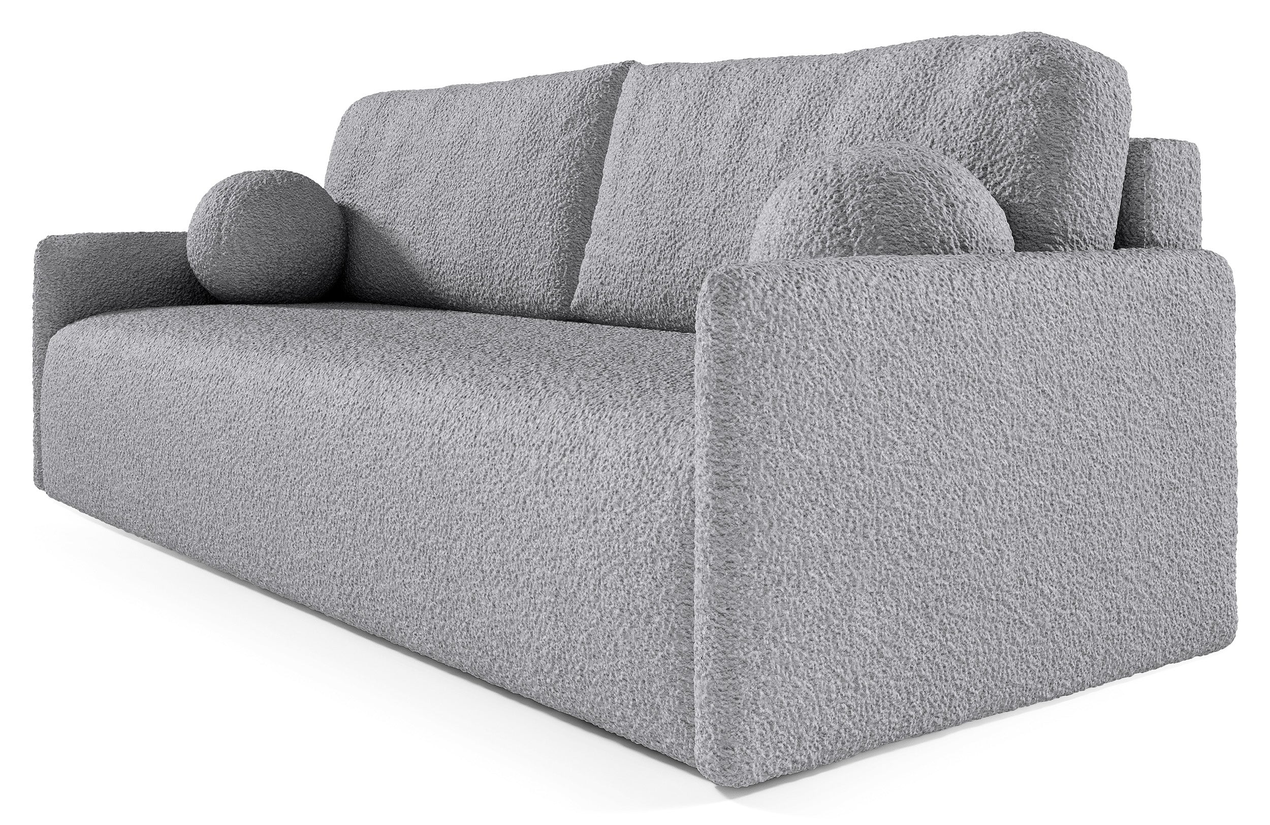Ausklappbare Glove-Sofa mit Stauraum für Bettwäsche, grauer Bouclé-Stoff