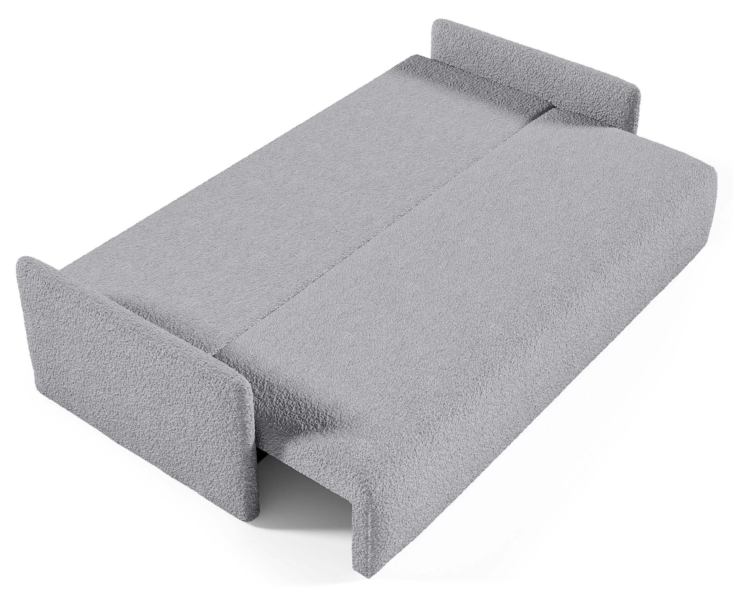 Ausklappbare Glove-Sofa mit Stauraum für Bettwäsche, grauer Bouclé-Stoff