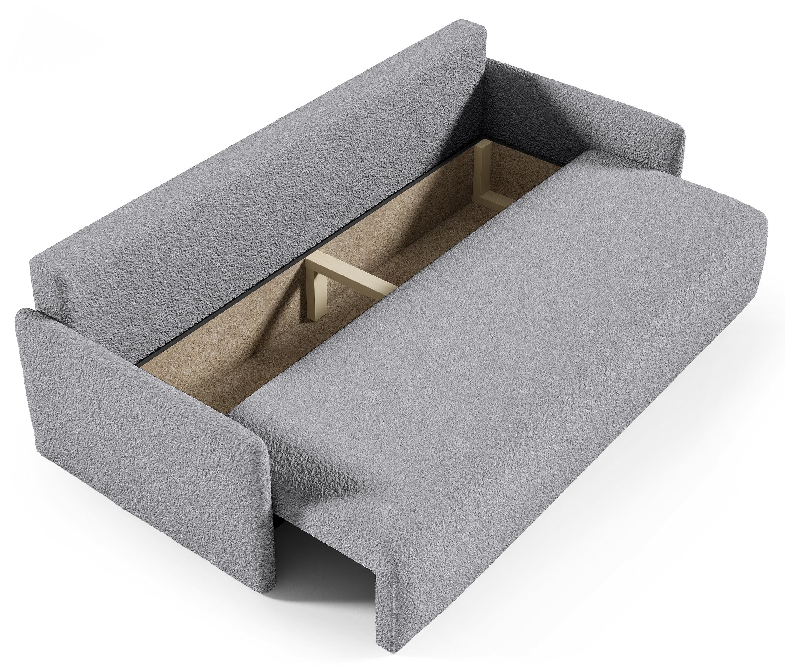 Ausklappbare Glove-Sofa mit Stauraum für Bettwäsche, grauer Bouclé-Stoff