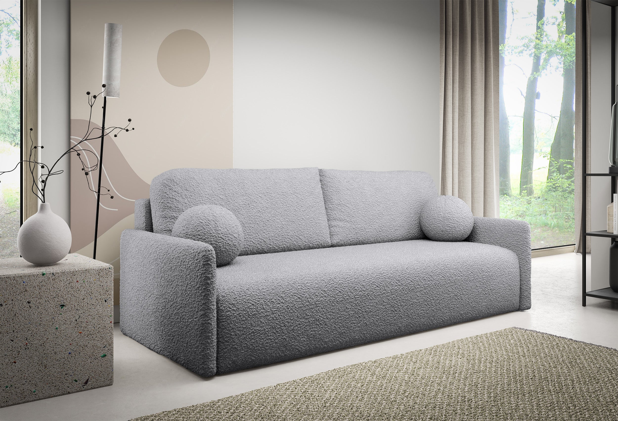 Ausklappbare Glove-Sofa mit Stauraum für Bettwäsche, grauer Bouclé-Stoff