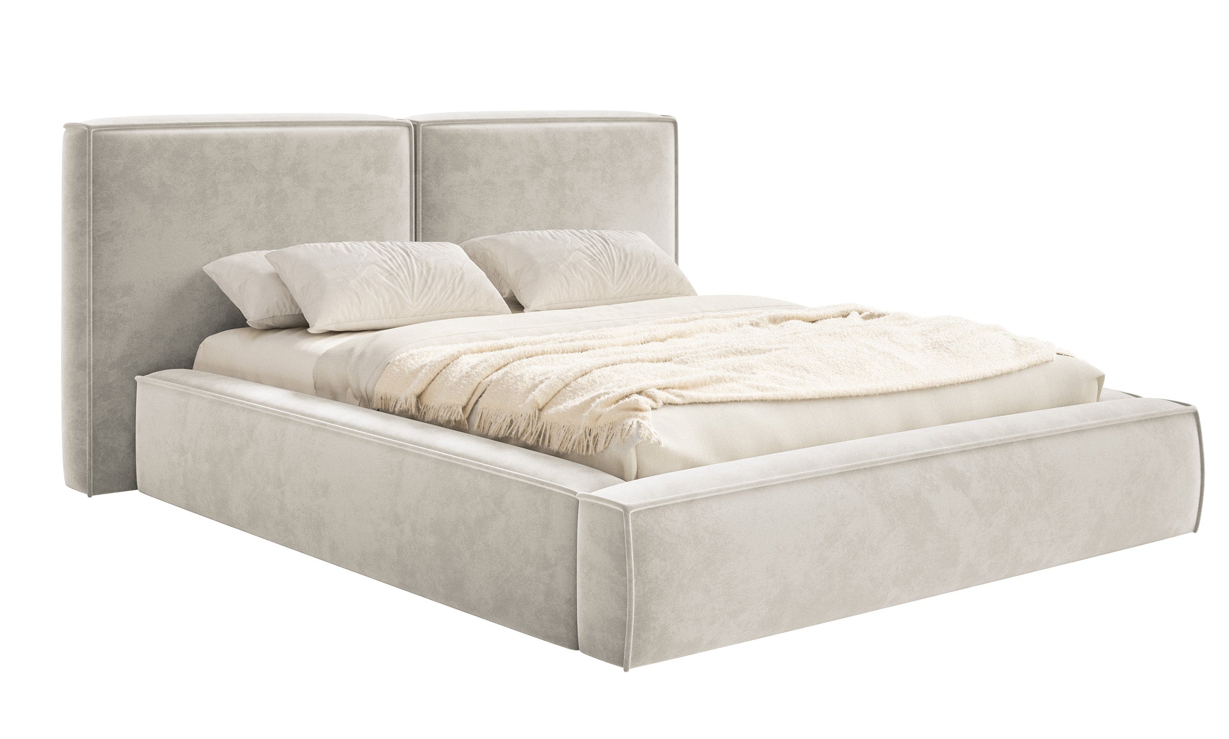 Polsterbett 140x200 cm Tilves mit Stauraum, Metallrahmen, grau-beiges Samtgewebe