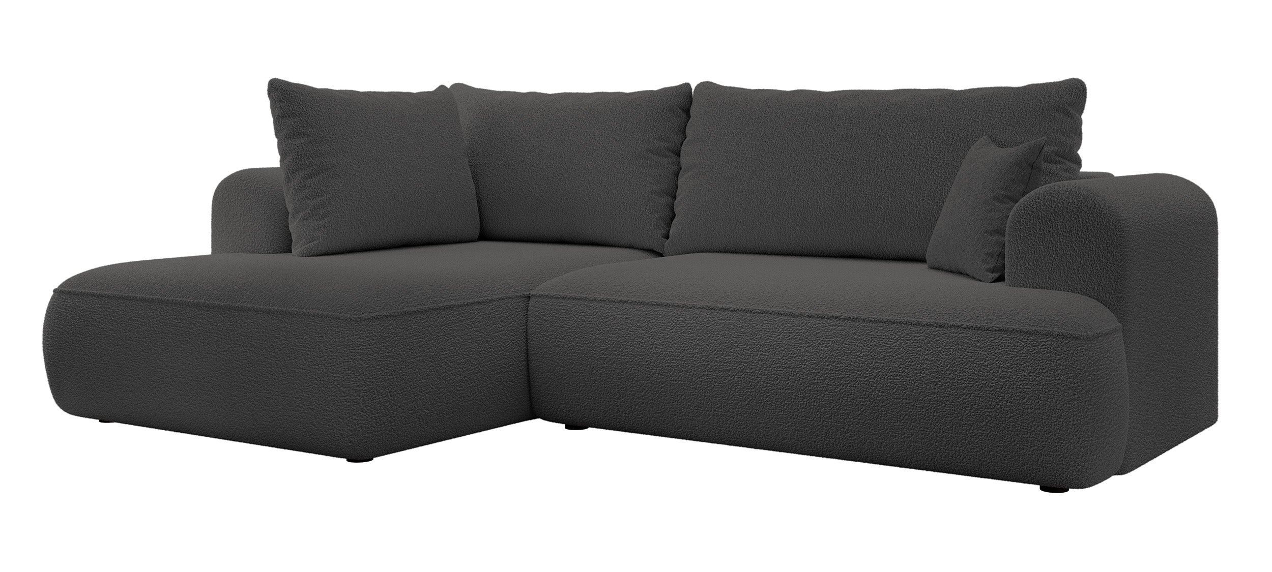 Ecksofa mit Schlaffunktion Ovo, L-förmig, mit Armlehne und Stauraum, dunkelgrauer Bouclé, linksseitig