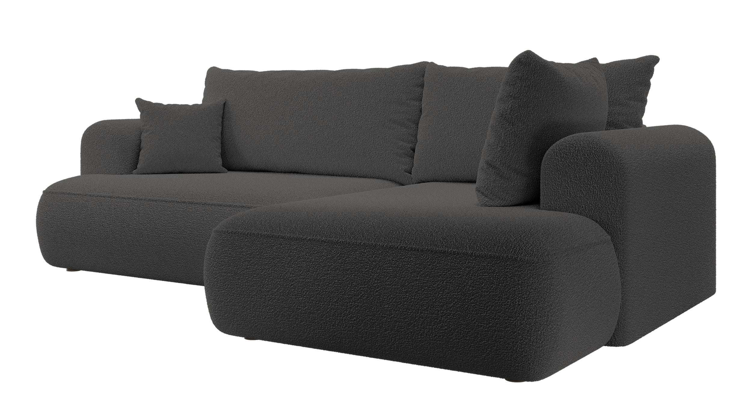 Ecksofa mit Schlaffunktion Ovo, L-förmig, mit Armlehne und Stauraum, dunkelgrauer Bouclé, rechtsseitig