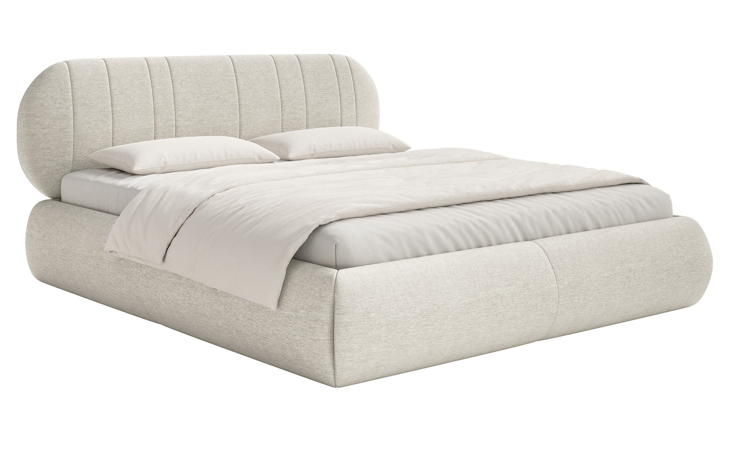 Gepolstertes Bett 160x200 cm Asmelio mit Stauraum, Metallrahmen, cremefarbenes Geflecht