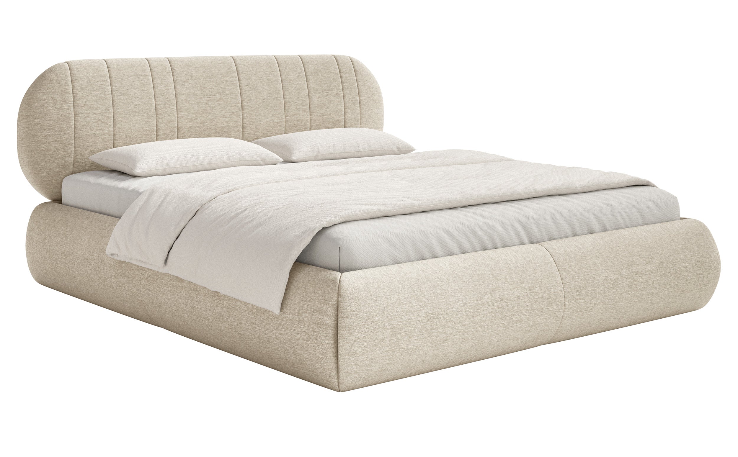 Polsterbett 180x200 cm Asmelio mit Stauraum, Metallrahmen, beige Geflecht