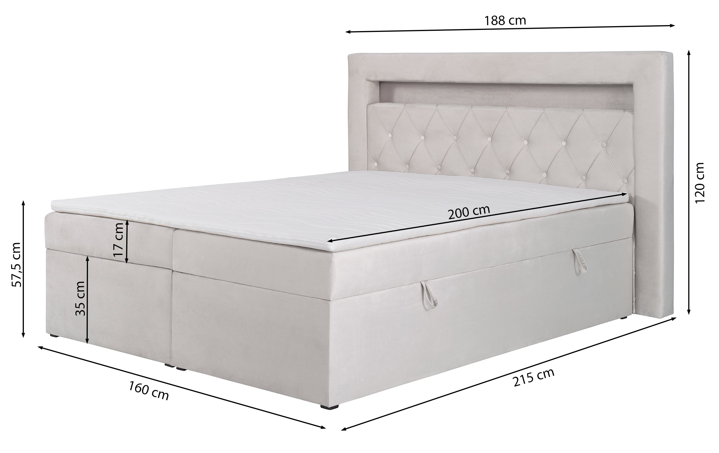 Kontinentalbett 160x200 cm Goldess mit Stauraum und LED-Beleuchtung, grauer Samt