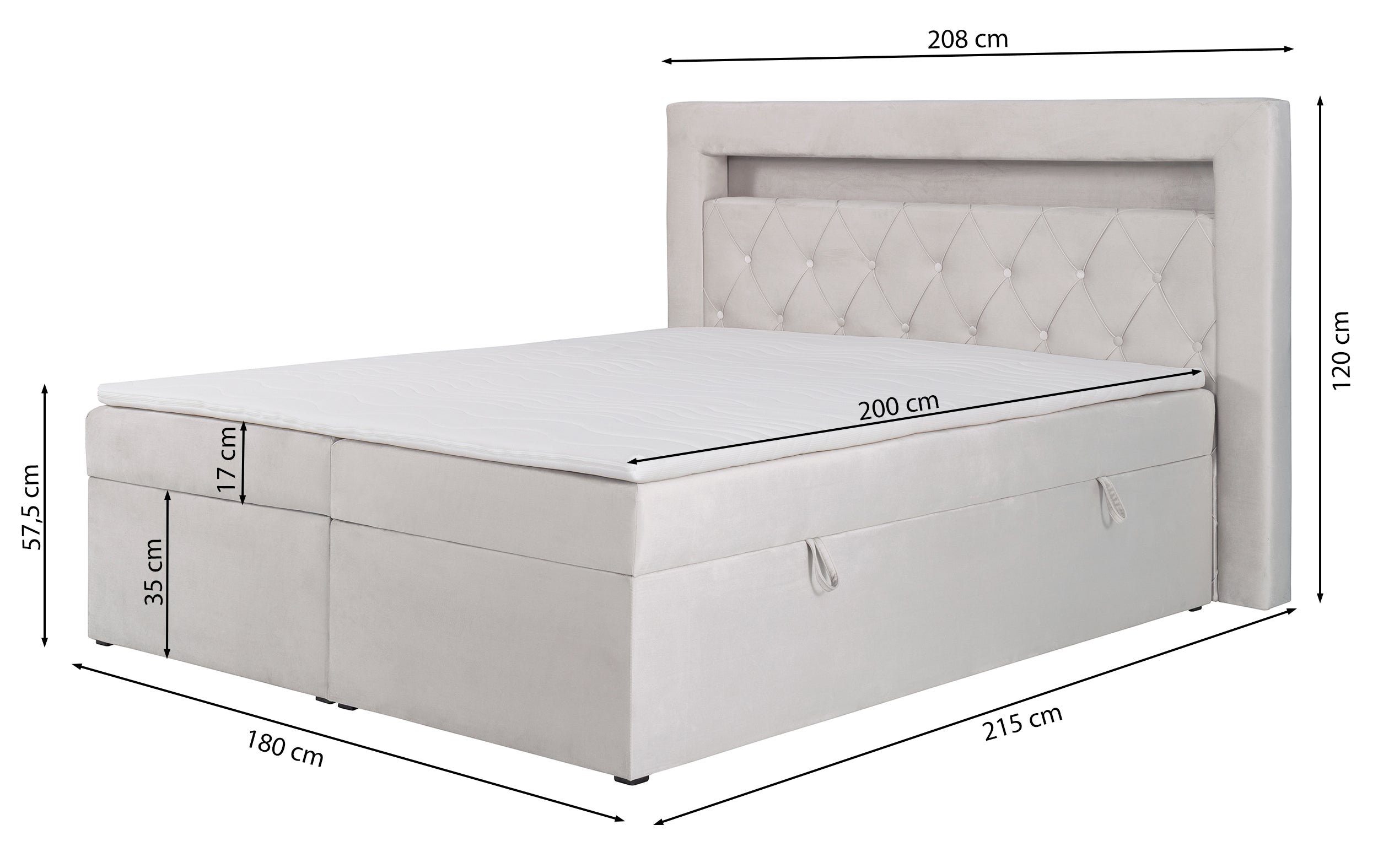 Kontinentales Bett 180x200 cm Goldess mit Stauraum und LED-Beleuchtung, samtiges Flaschengrün