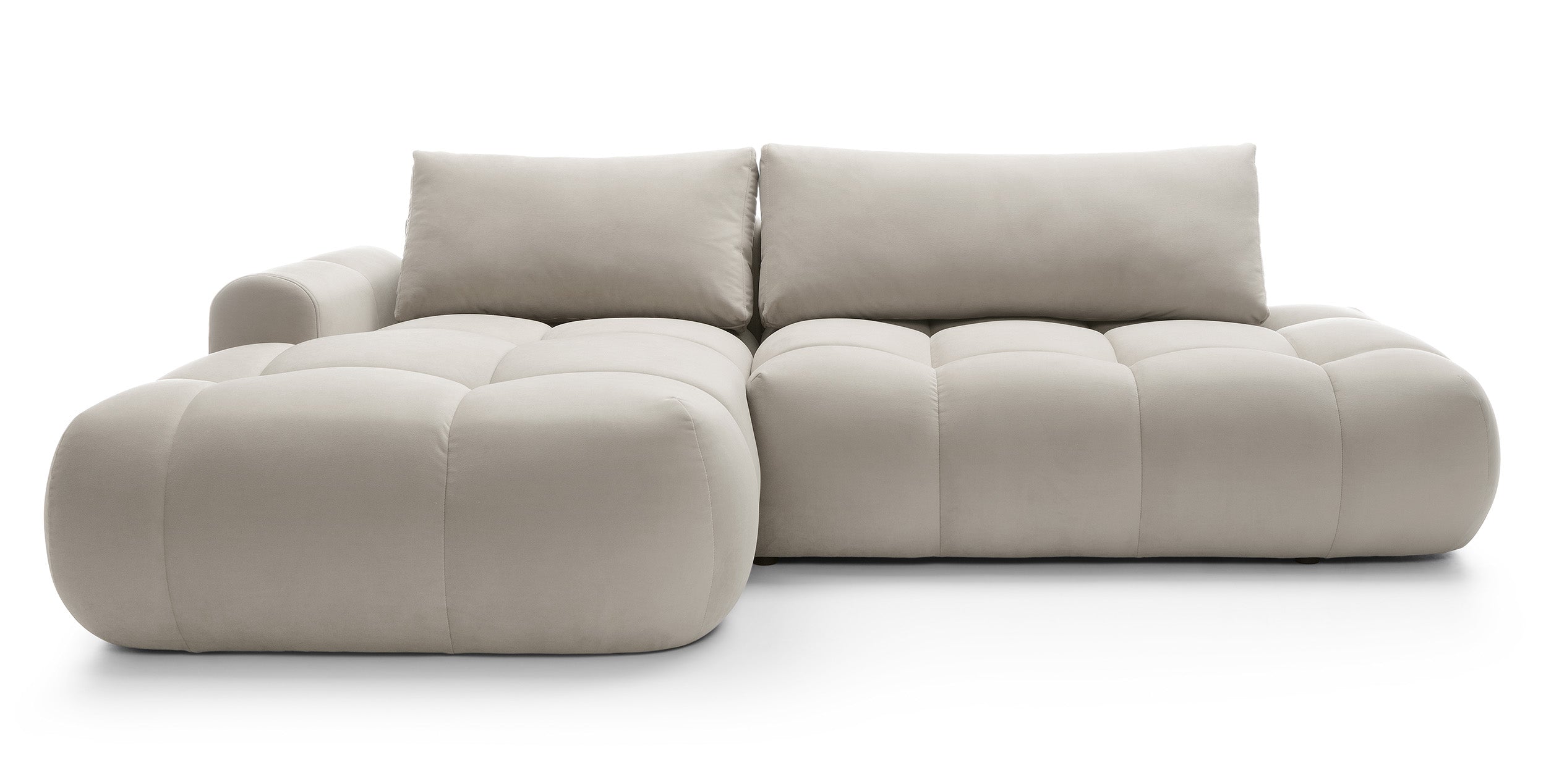 Ecksofa mit Schlaffunktion Ombo, L-förmig, mit Stauraum, grau-beiger, hydrophober Samt, linksseitig