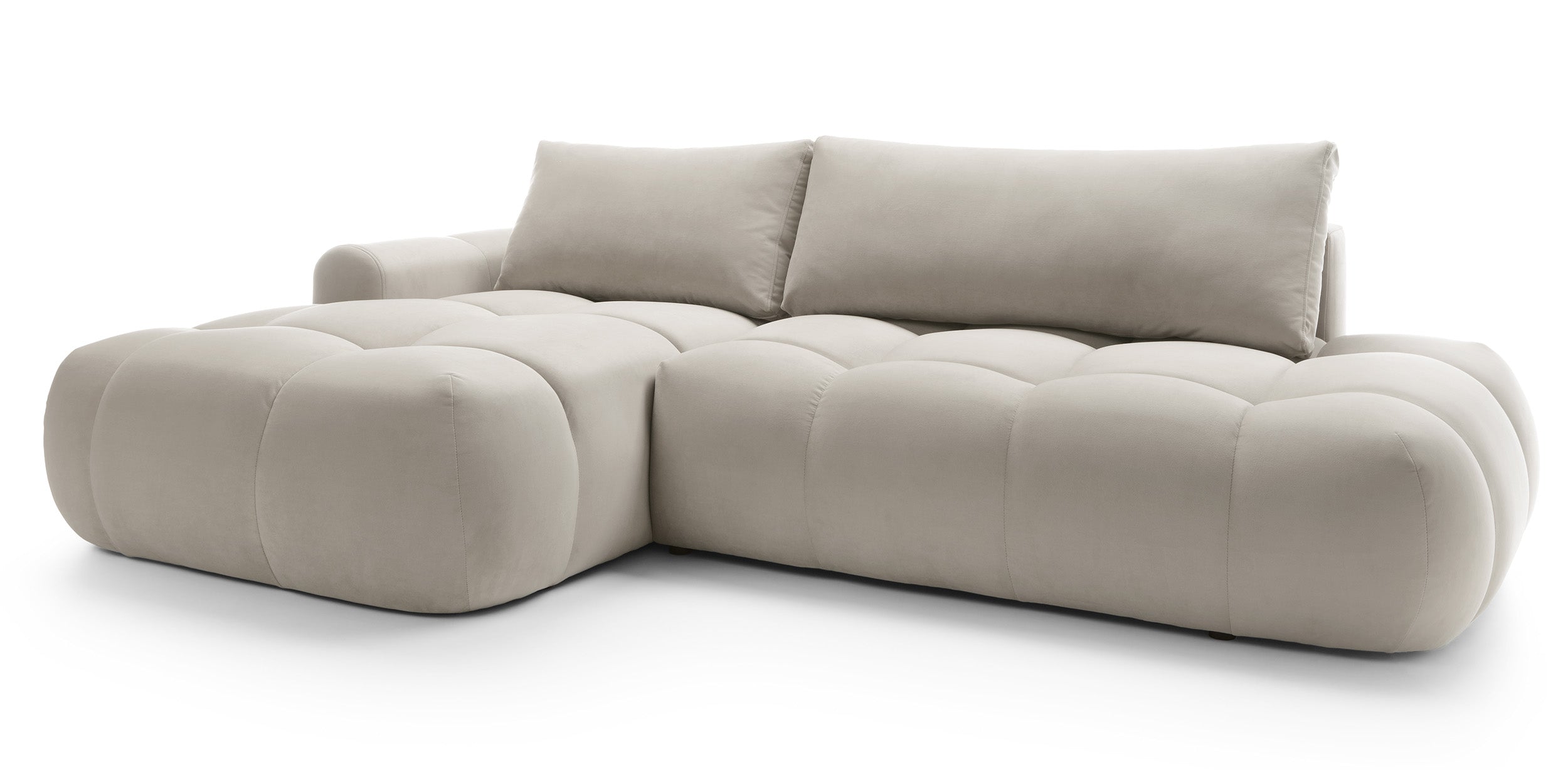 Ecksofa mit Schlaffunktion Ombo, L-förmig, mit Stauraum, grau-beiger, hydrophober Samt, linksseitig