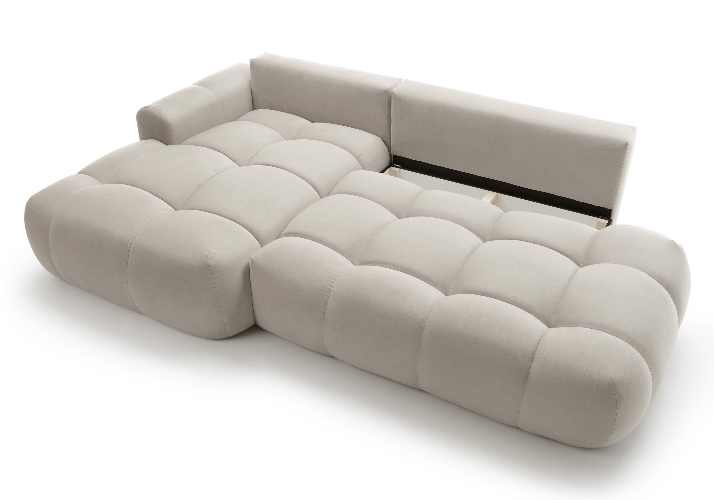 Ecksofa mit Schlaffunktion Ombo, L-förmig, mit Stauraum, grau-beiger, hydrophober Samt, linksseitig