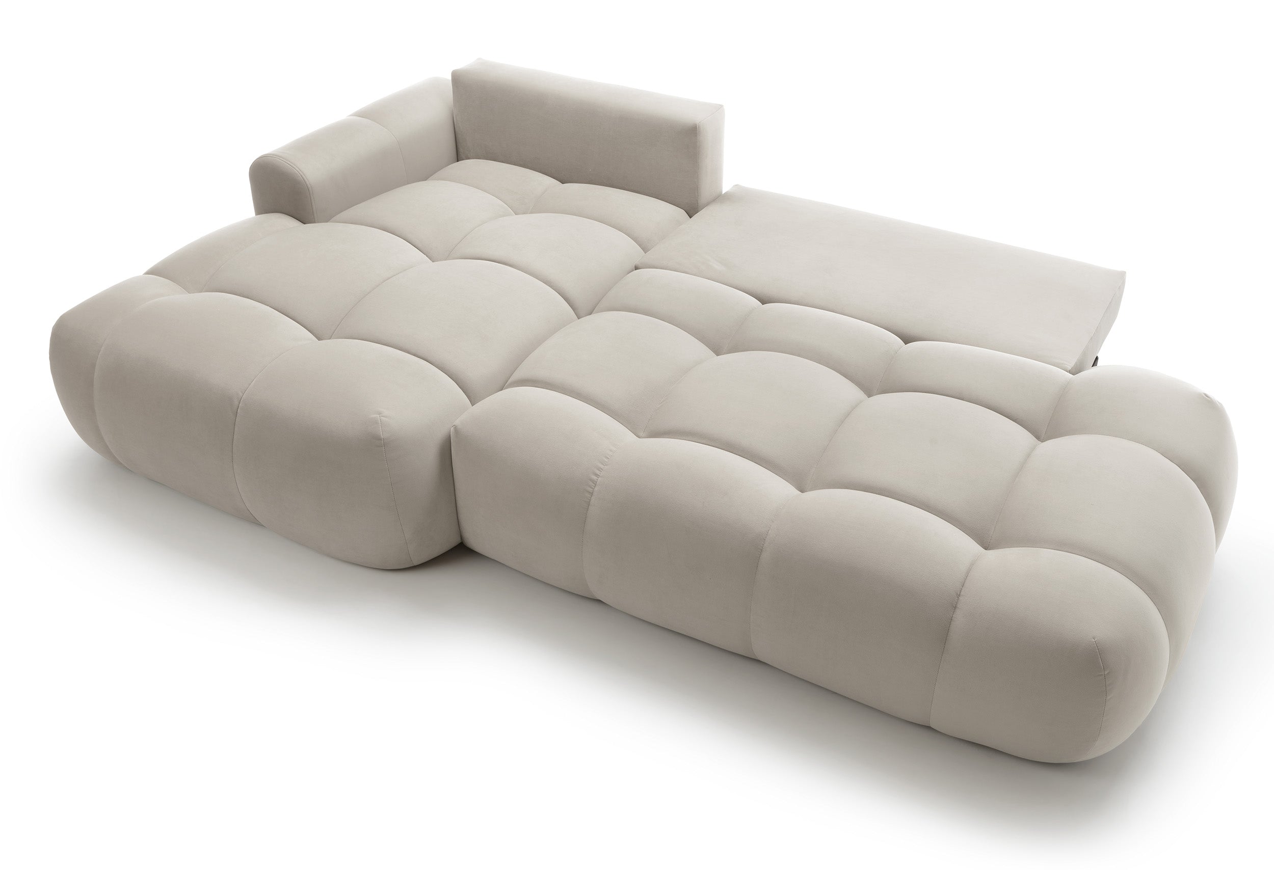 Ecksofa mit Schlaffunktion Ombo, L-förmig, mit Stauraum, grau-beiger, hydrophober Samt, linksseitig