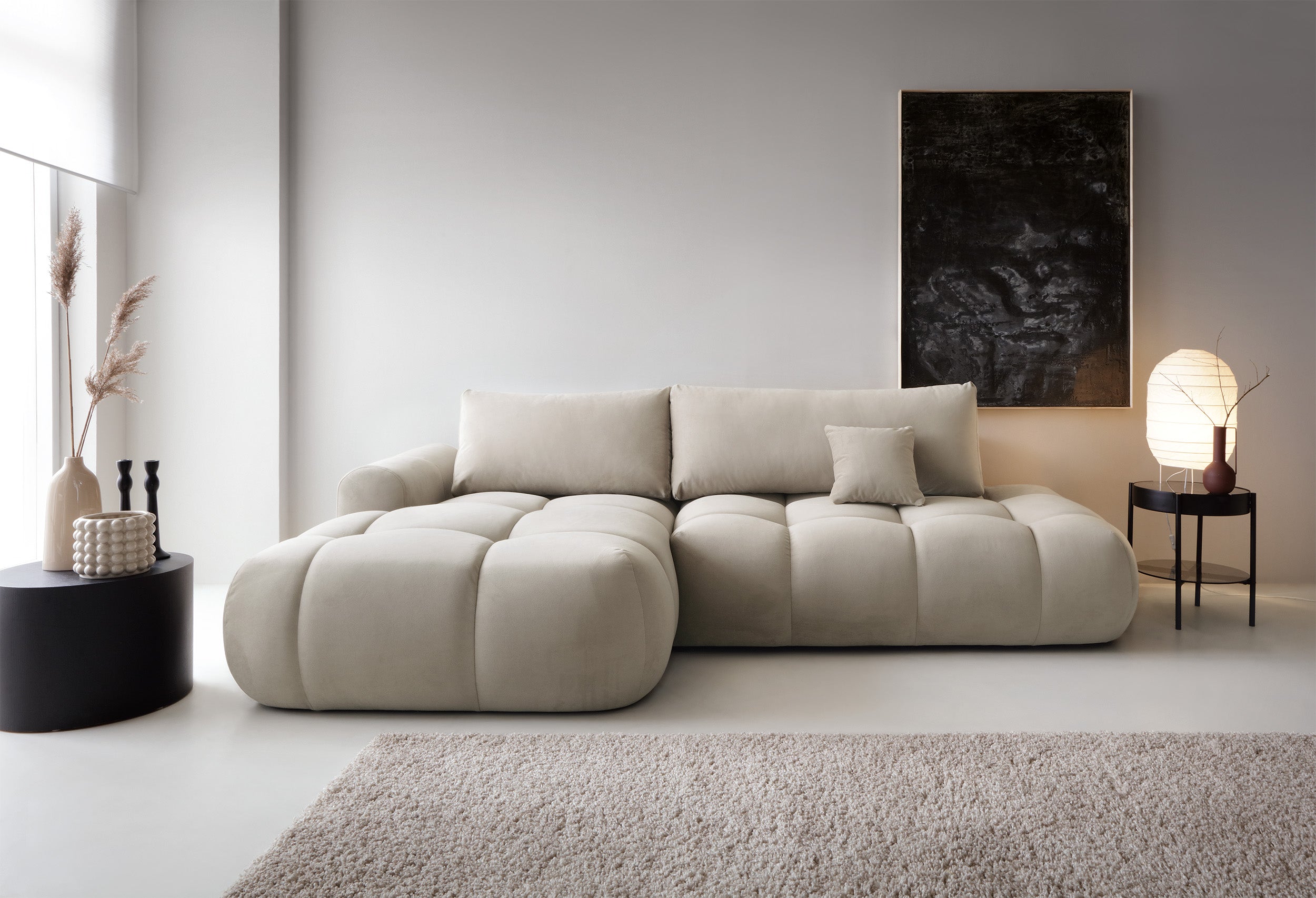 Ecksofa mit Schlaffunktion Ombo, L-förmig, mit Stauraum, grau-beiger, hydrophober Samt, linksseitig